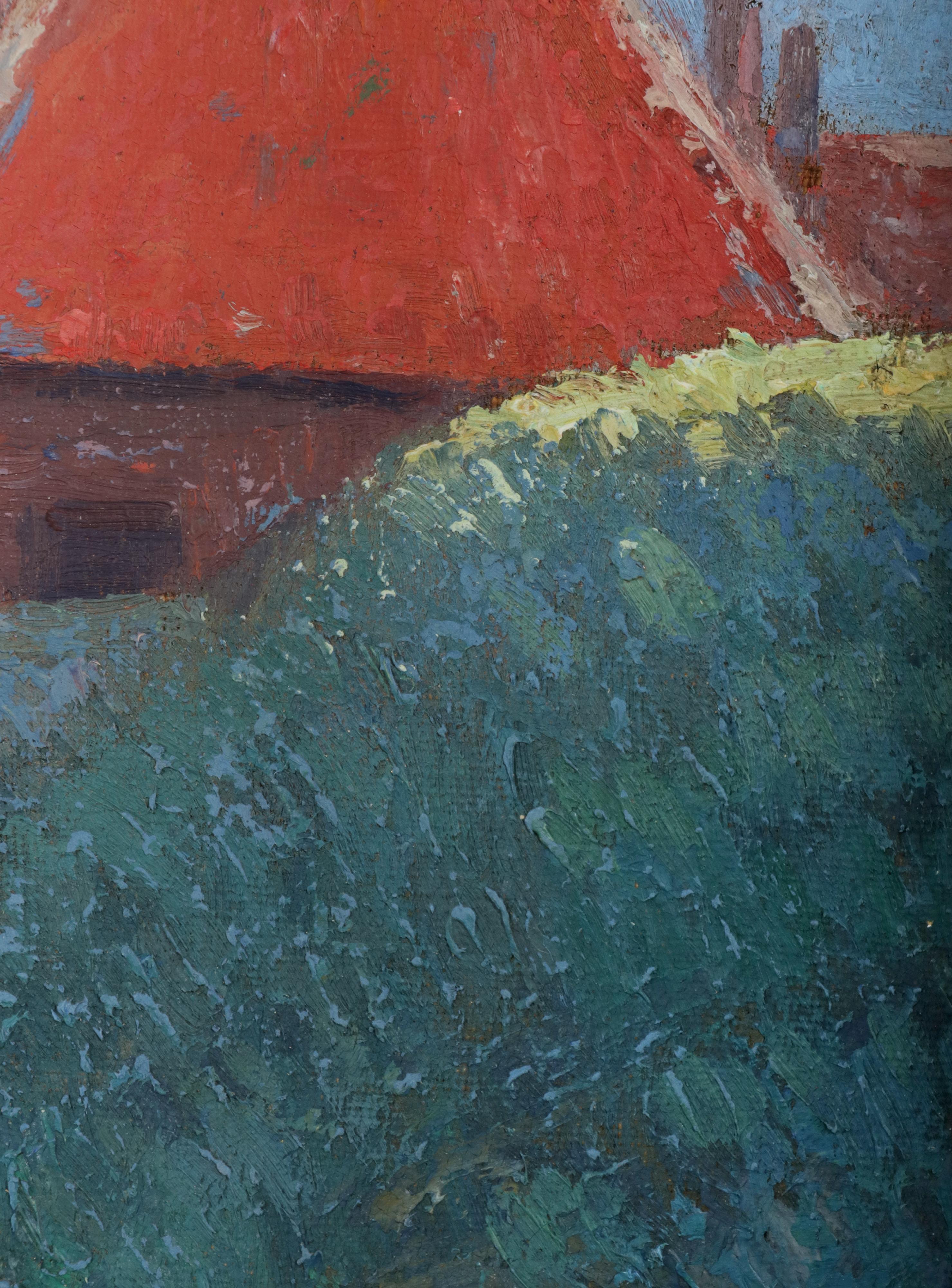 Peinture à l'huile «illo » de Adrien Paul Duerinckx représentant une vue de la ville, début du 20e siècle en vente 7