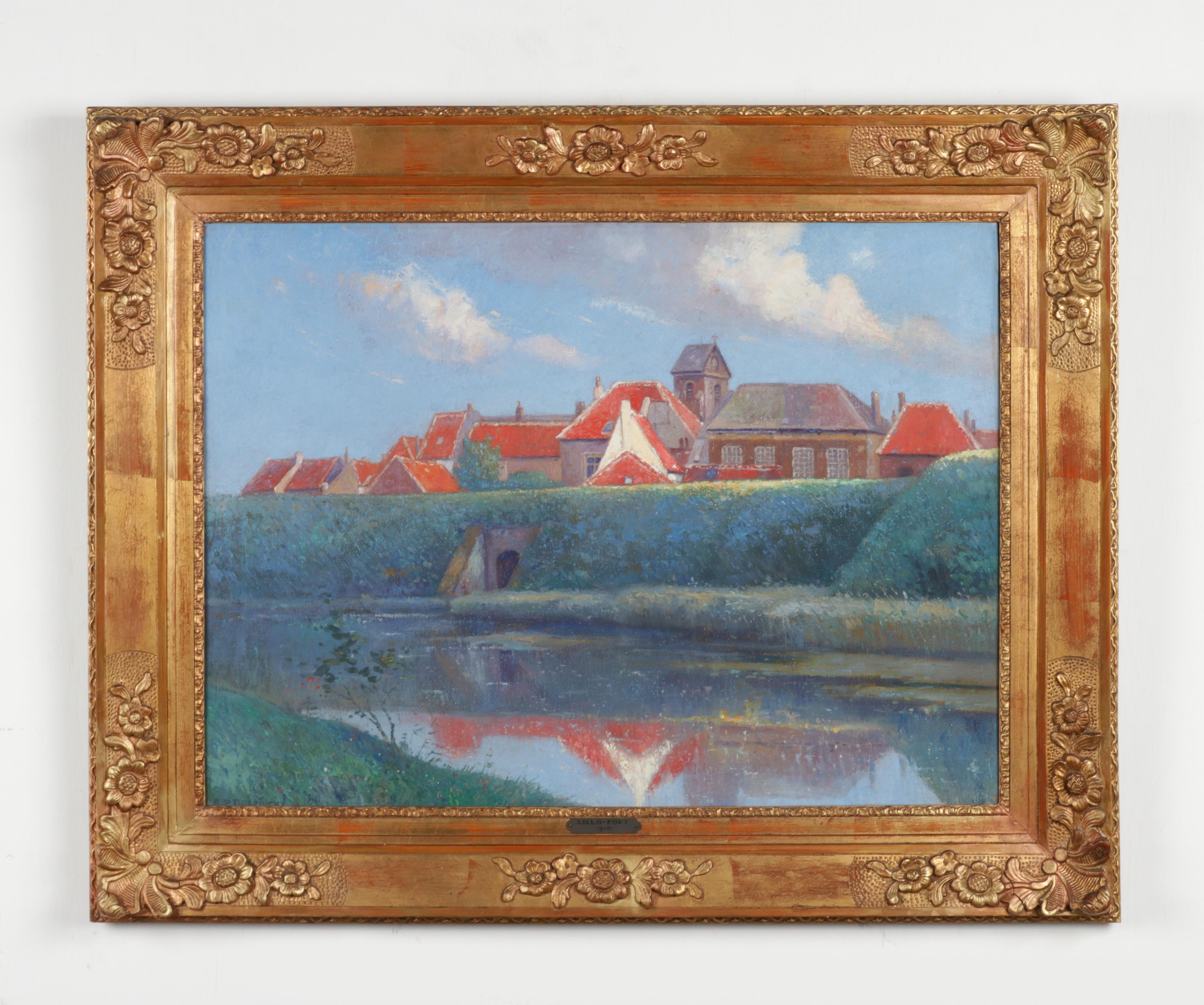 Beaux-Arts Peinture à l'huile «illo » de Adrien Paul Duerinckx représentant une vue de la ville, début du 20e siècle en vente