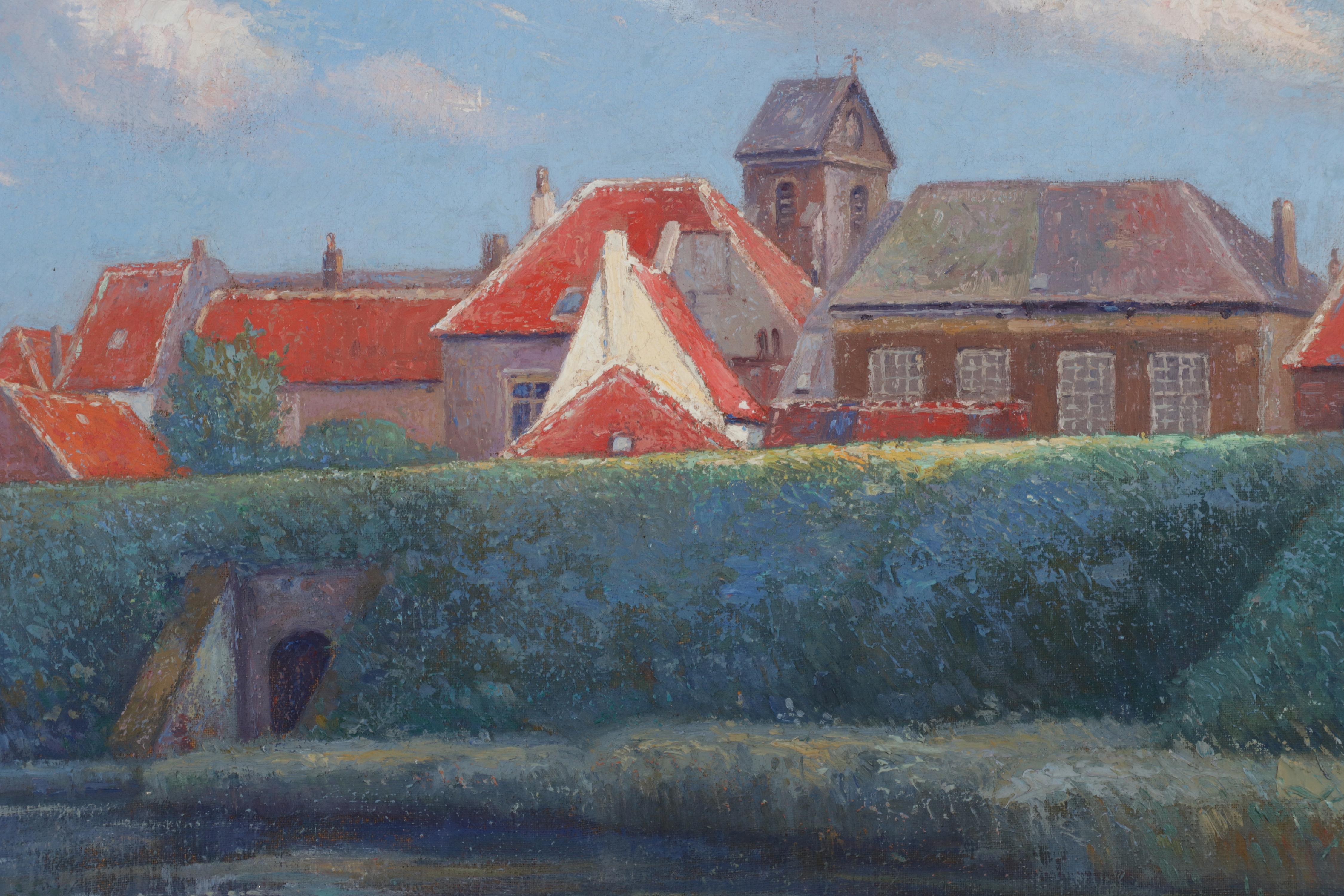 Peint à la main Peinture à l'huile «illo » de Adrien Paul Duerinckx représentant une vue de la ville, début du 20e siècle en vente