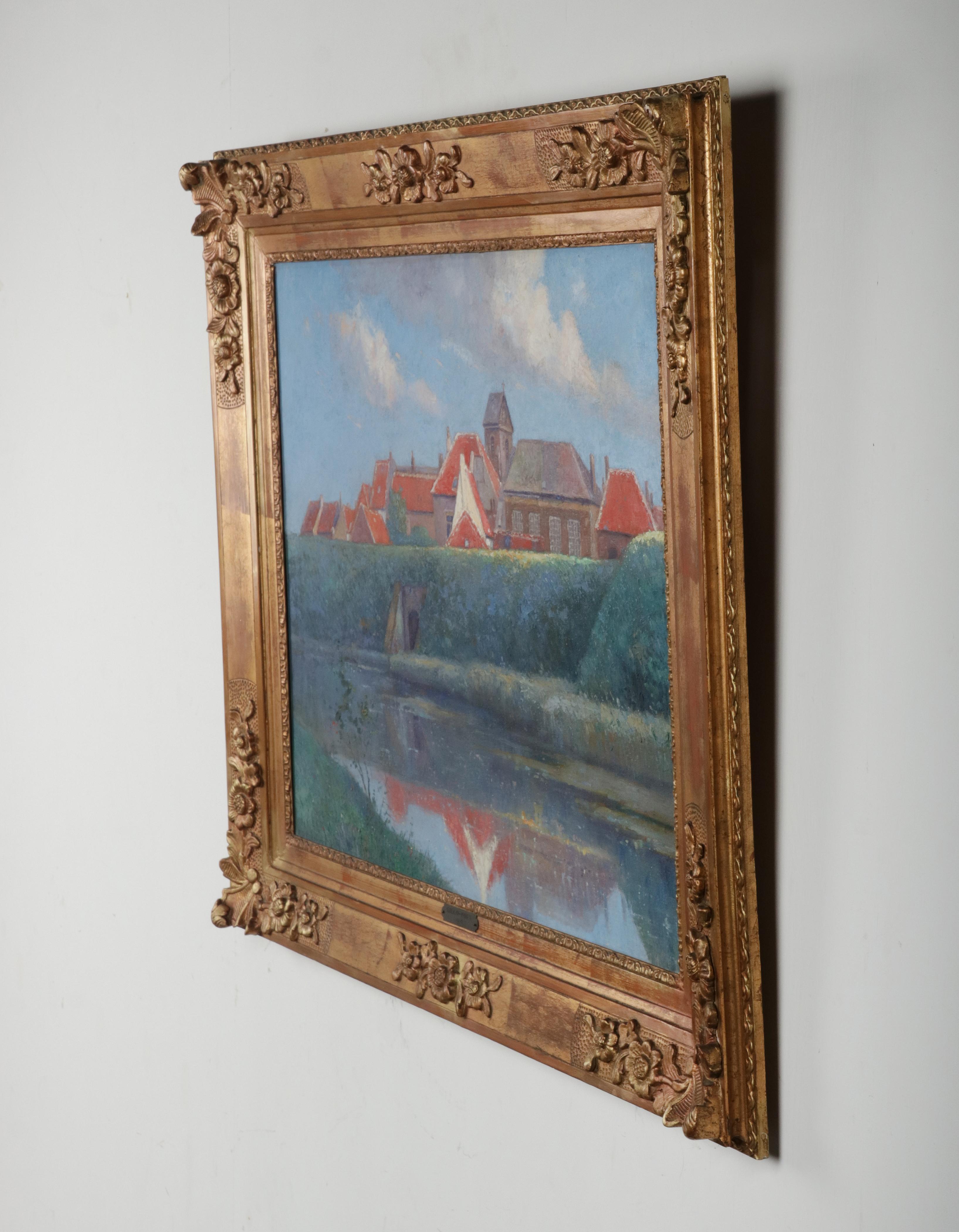 Peinture à l'huile «illo » de Adrien Paul Duerinckx représentant une vue de la ville, début du 20e siècle Bon état - En vente à Casteren, Noord-Brabant