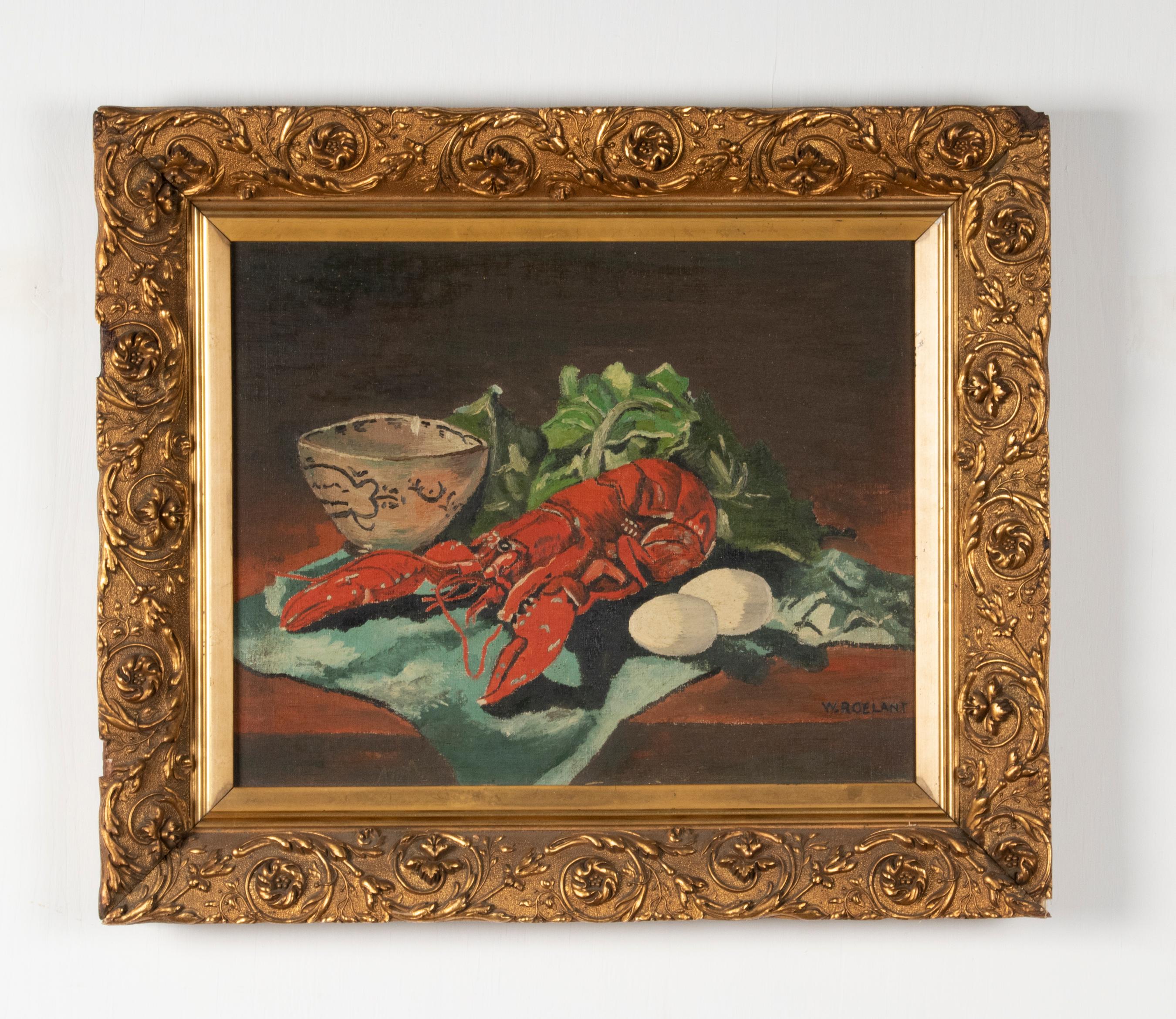 Belge Peinture à l'huile classique du début du XXe siècle, nature morte de homard de W. Roelant en vente