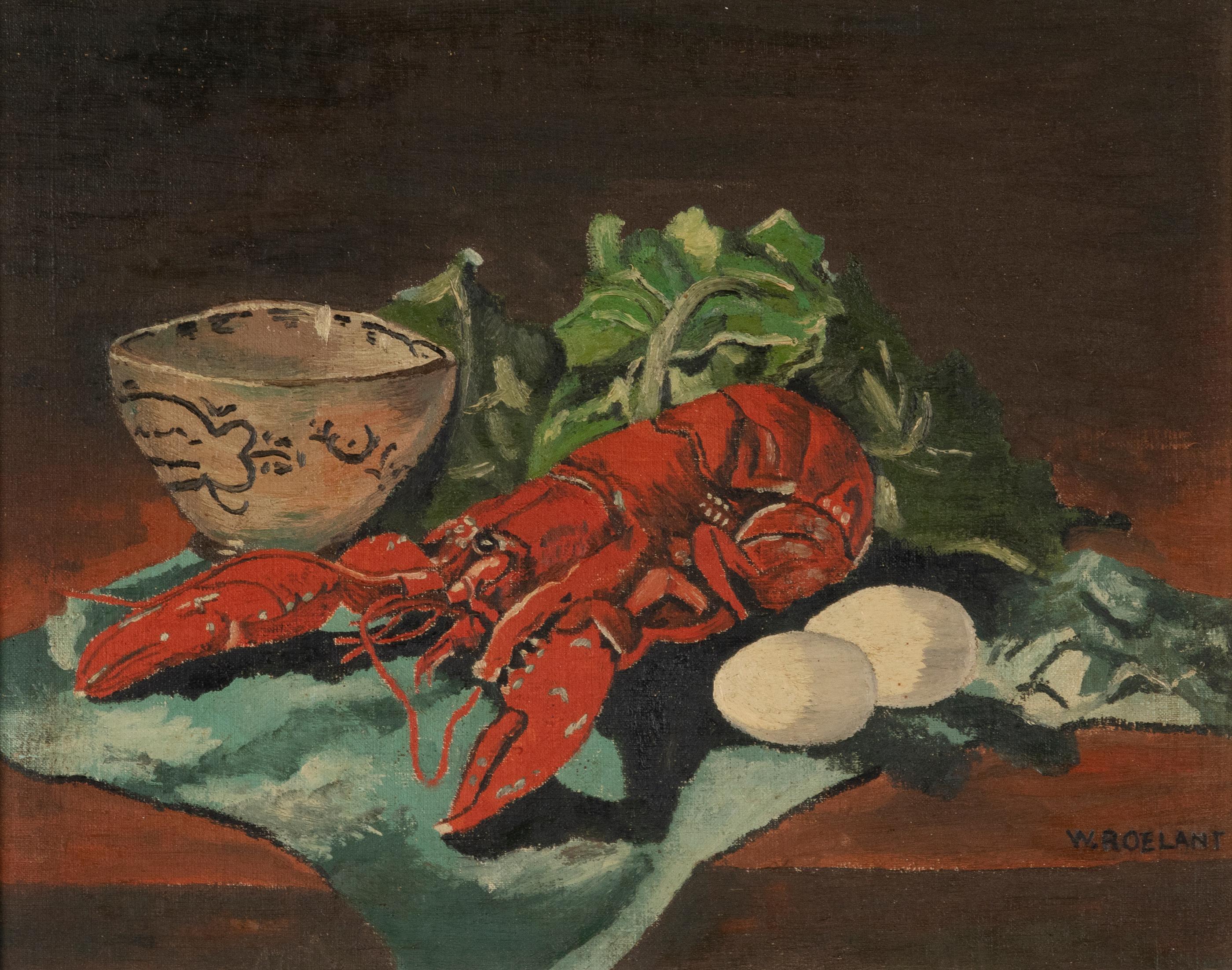 Romantique Peinture à l'huile classique du début du XXe siècle, nature morte de homard de W. Roelant en vente