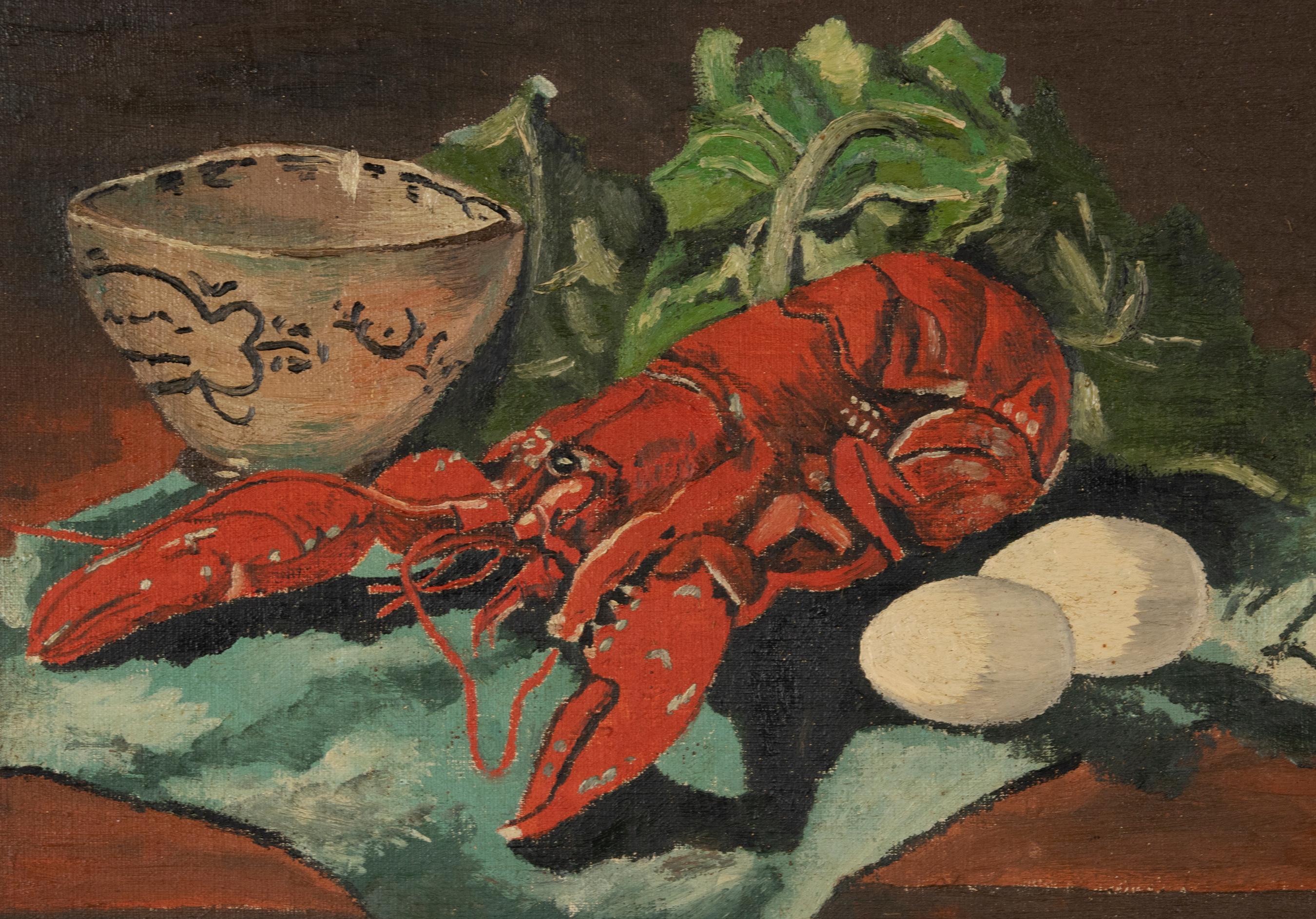 Belgian Early 20th Century Classic Oil Painting by W. Roelant Still Life Lobster For Sale