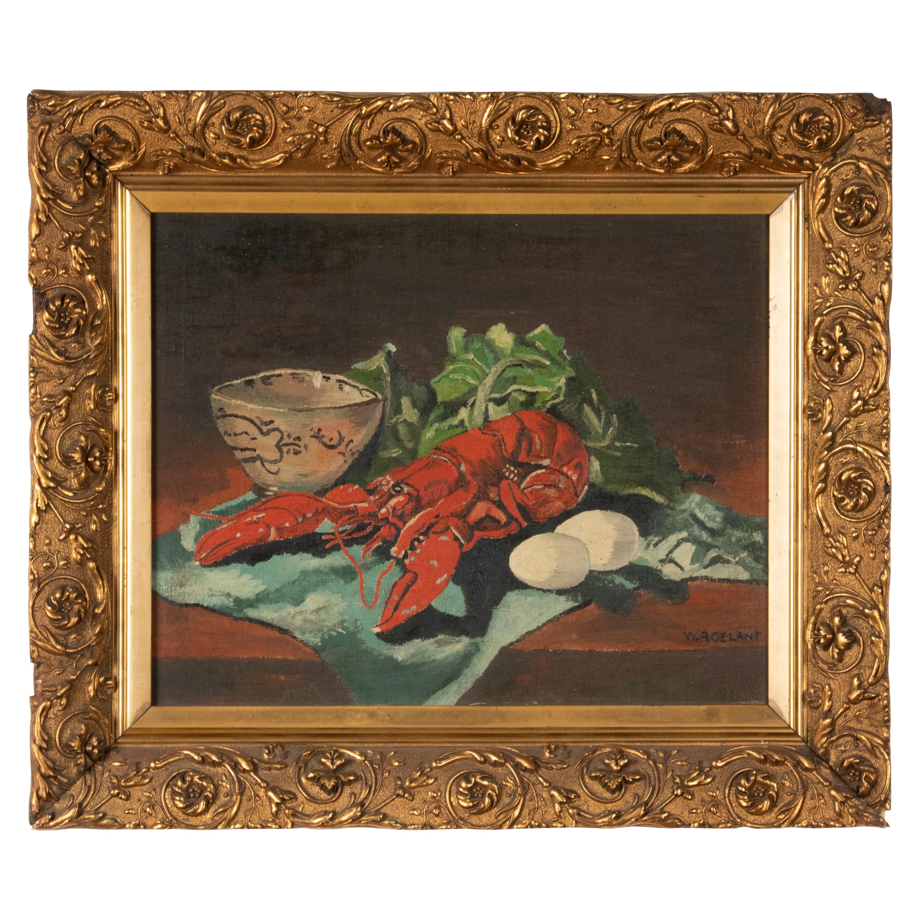 Peinture à l'huile classique du début du XXe siècle, nature morte de homard de W. Roelant en vente