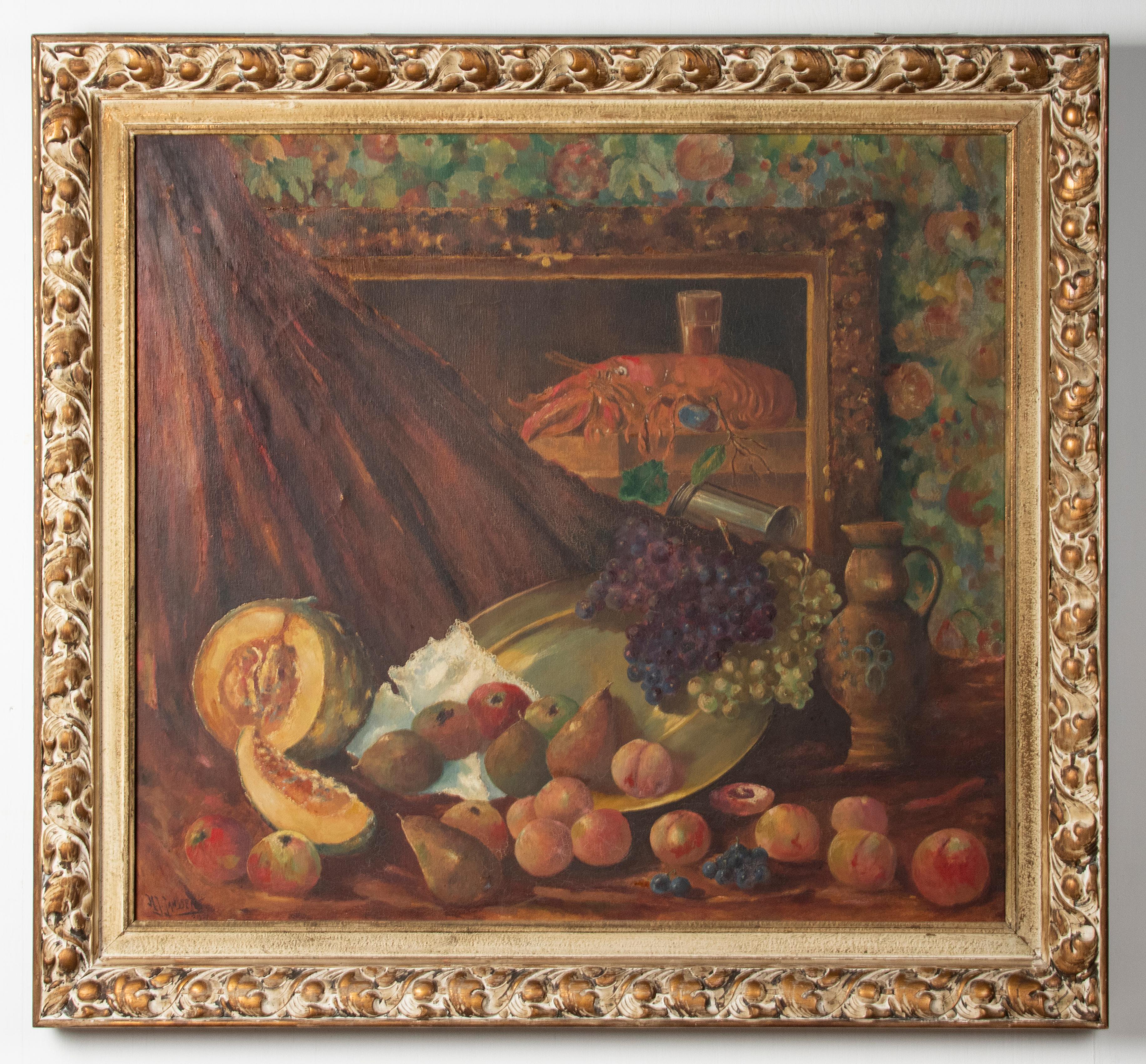 Very nice and large classic painting, a still life with many different fruits and a lobster. The lobster is depicted on a painting that falls within the scene of this painting. The painting is signed HJ Janssen and dated 1927. This is not a