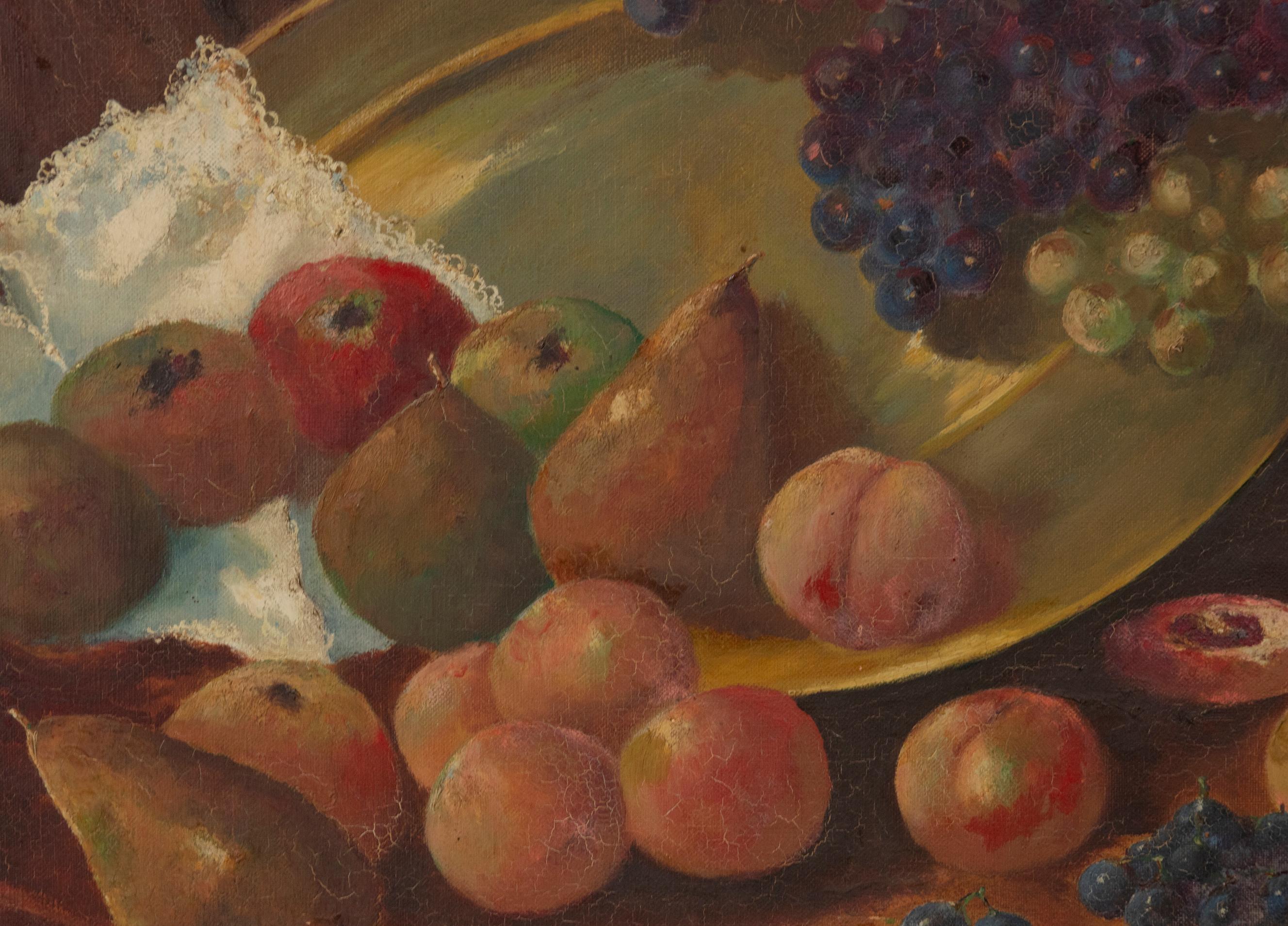 Romantic Early 20th Century Classic Oil Painting Still Life with Fruits by HJ. Janssens For Sale