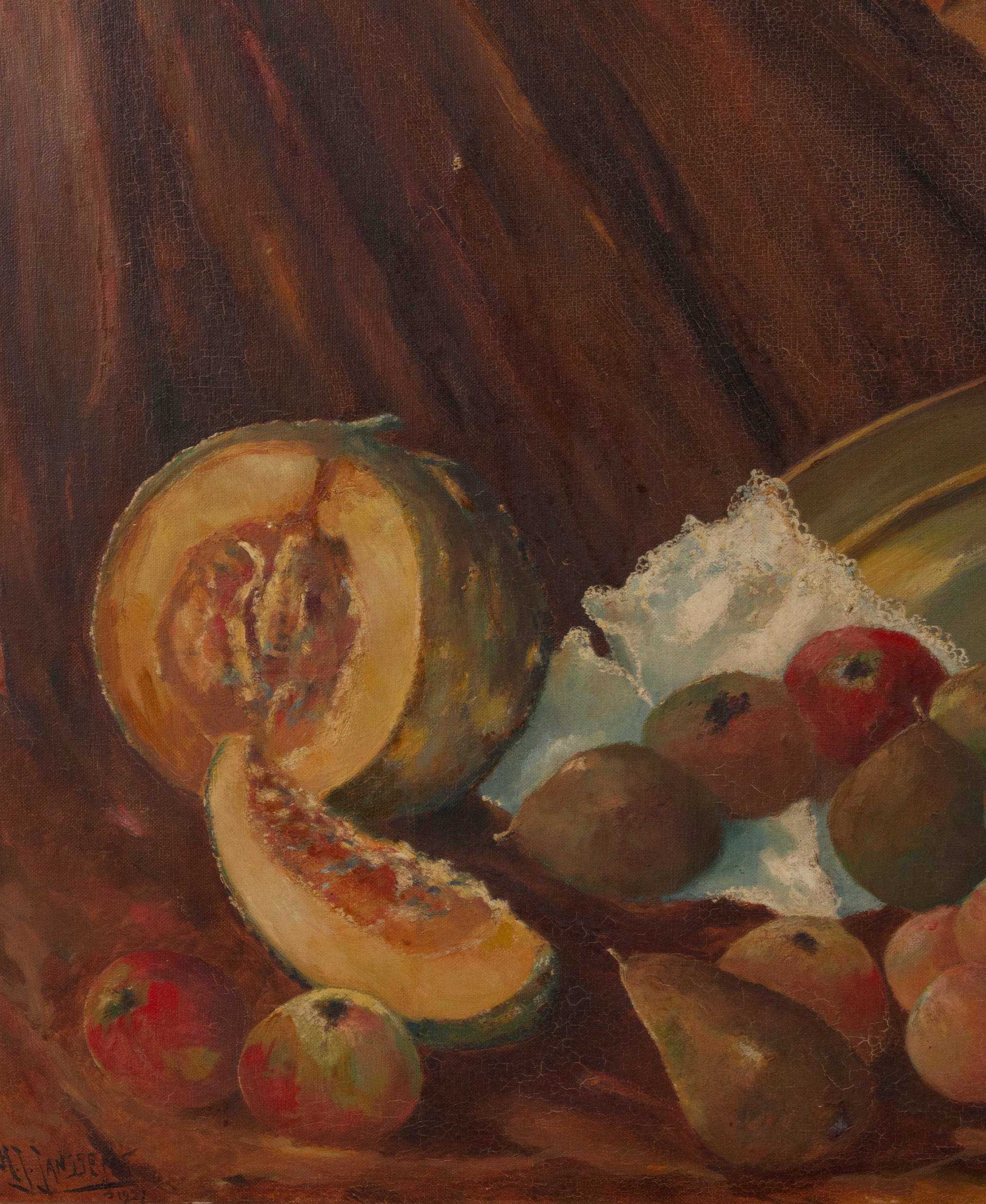 Hand-Painted Early 20th Century Classic Oil Painting Still Life with Fruits by HJ. Janssens For Sale