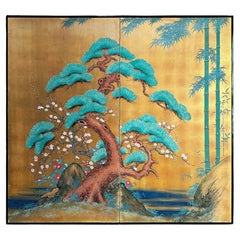 Paravent classique du début du 20e siècle avec arbres et arbustes de bon augure  Pin, bambou