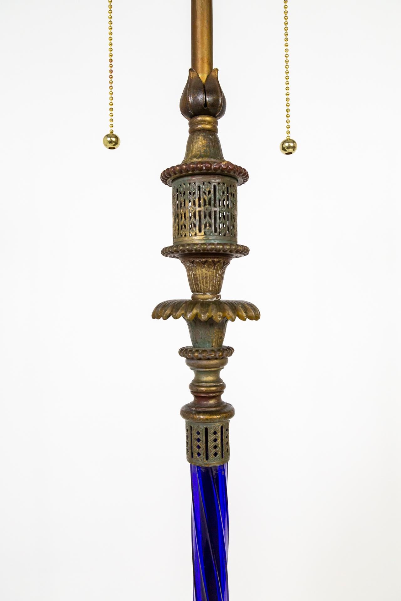 American Early 20th Century Cobalt Blue Glass Floor Lamp with Anglo-Indian Details For Sale