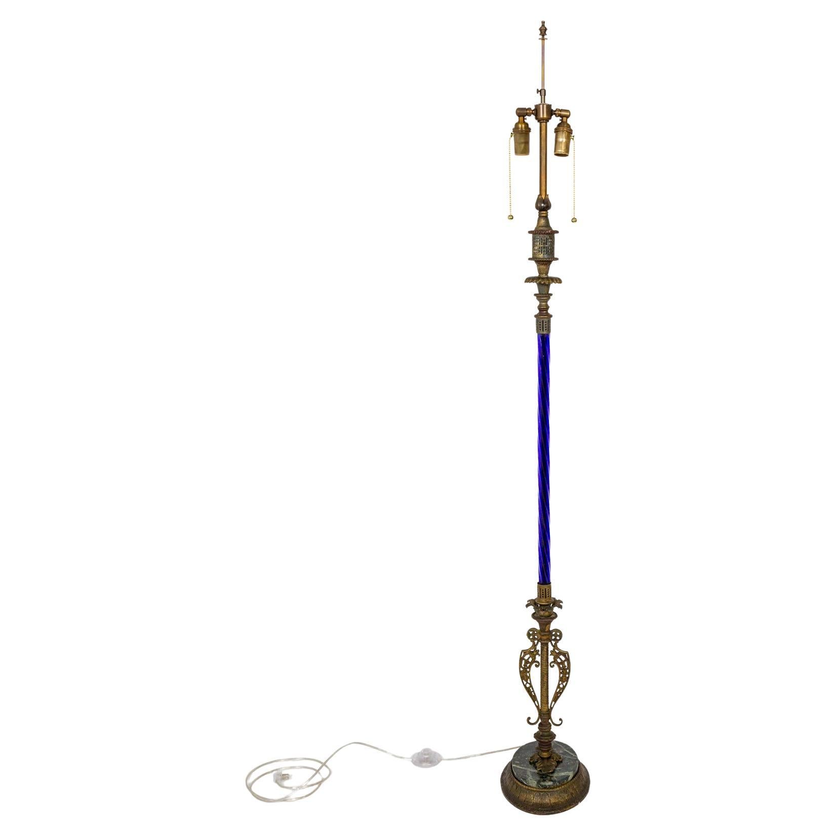 Early 20th Century Cobalt Blue Glass Floor Lamp with Anglo-Indian Details For Sale