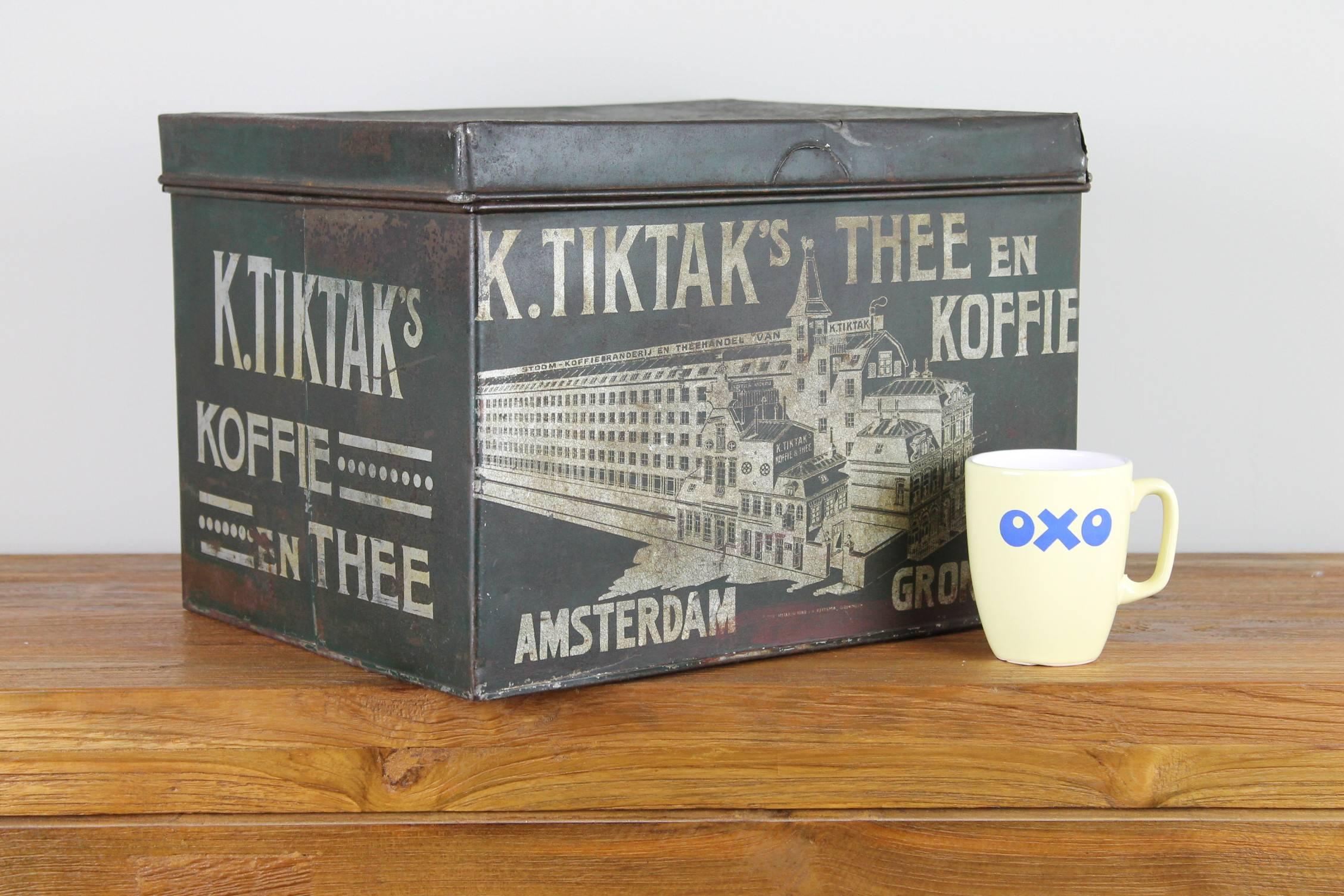 Antike Kaffee- und Teedose von K. Tiktak's Amsterdam Groningen, frühes 20. Jahrhundert (Industriell) im Angebot