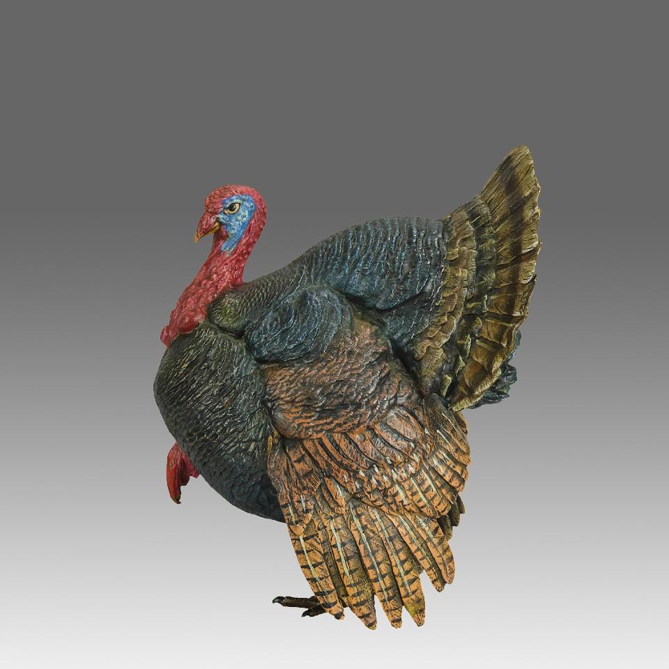 An impressive early 20th Century Austrian bronze study of a standing turkey with very fine naturalistic cold painted colours and excellent hand finished surface detail. Signed with the Bergman 'B' in an amphora & numbered  

ADDITIONAL