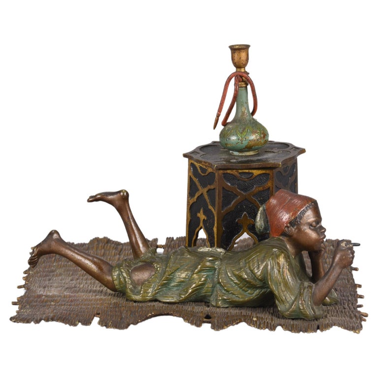 Early 20th Century Cold Painted Bronze "Boy on Rug Inkwell" by Franz Bergman For Sale