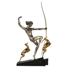 Bronze peint à froid « Diana with Fawns » de Marcel Bouraine, début du 20e siècle