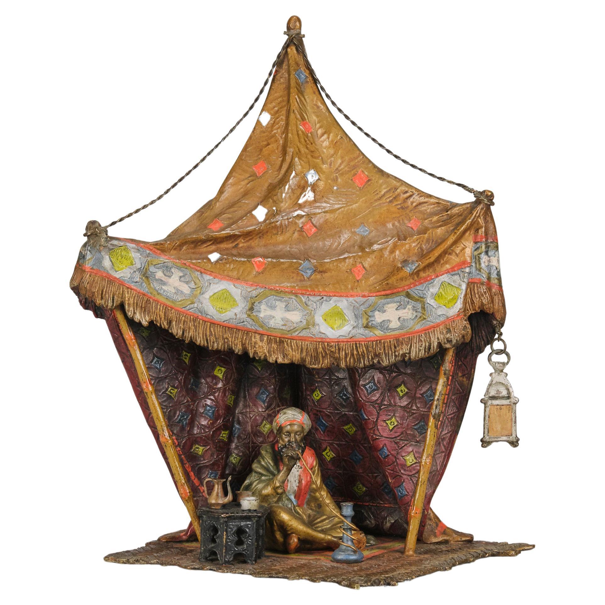Early 20th Century Cold-Painted Bronze Entitled "Arab in Tent" by Franz Bergman