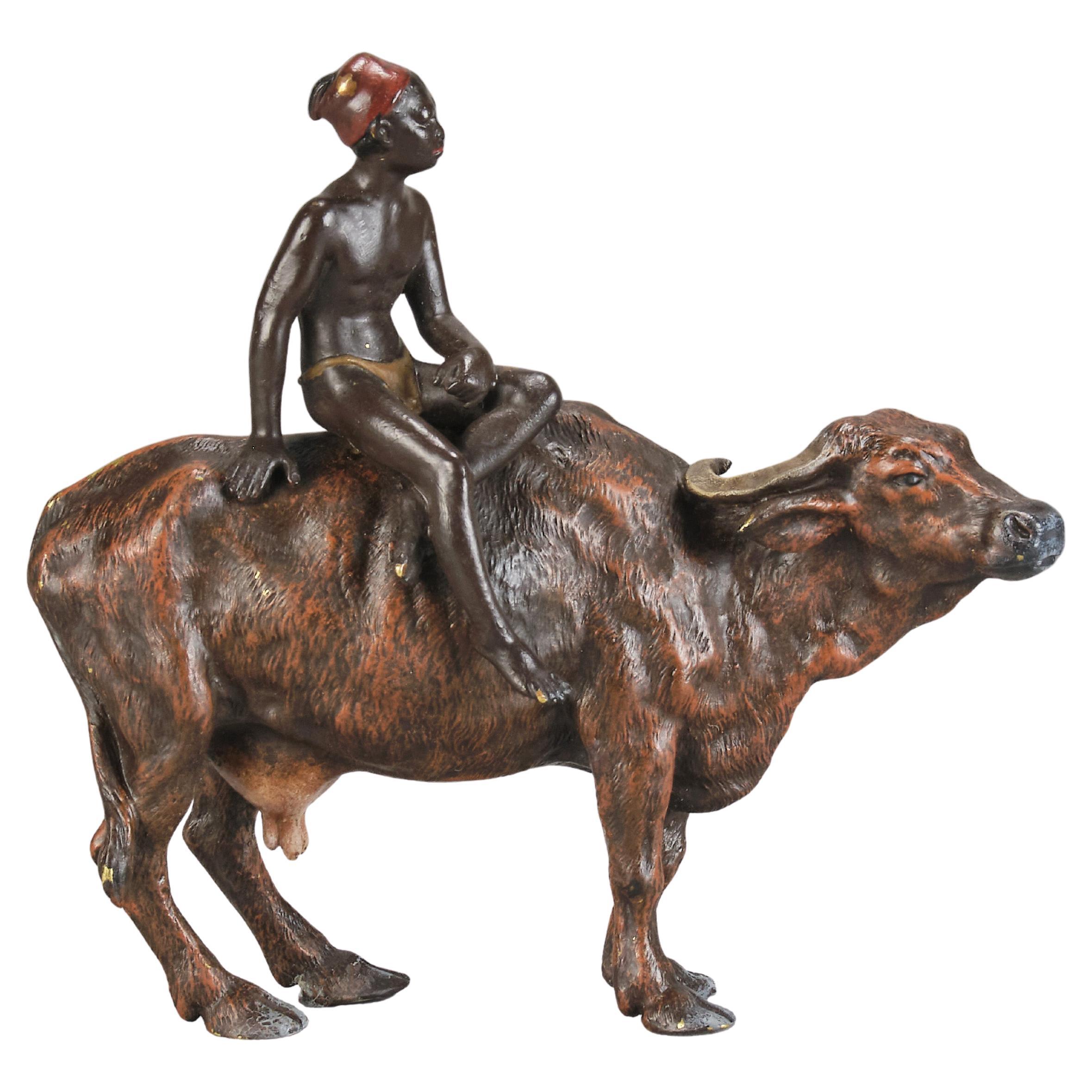 Early 20th Century Cold-Painted Bronze entitled "Boy on Oxen" by Franz Bergman