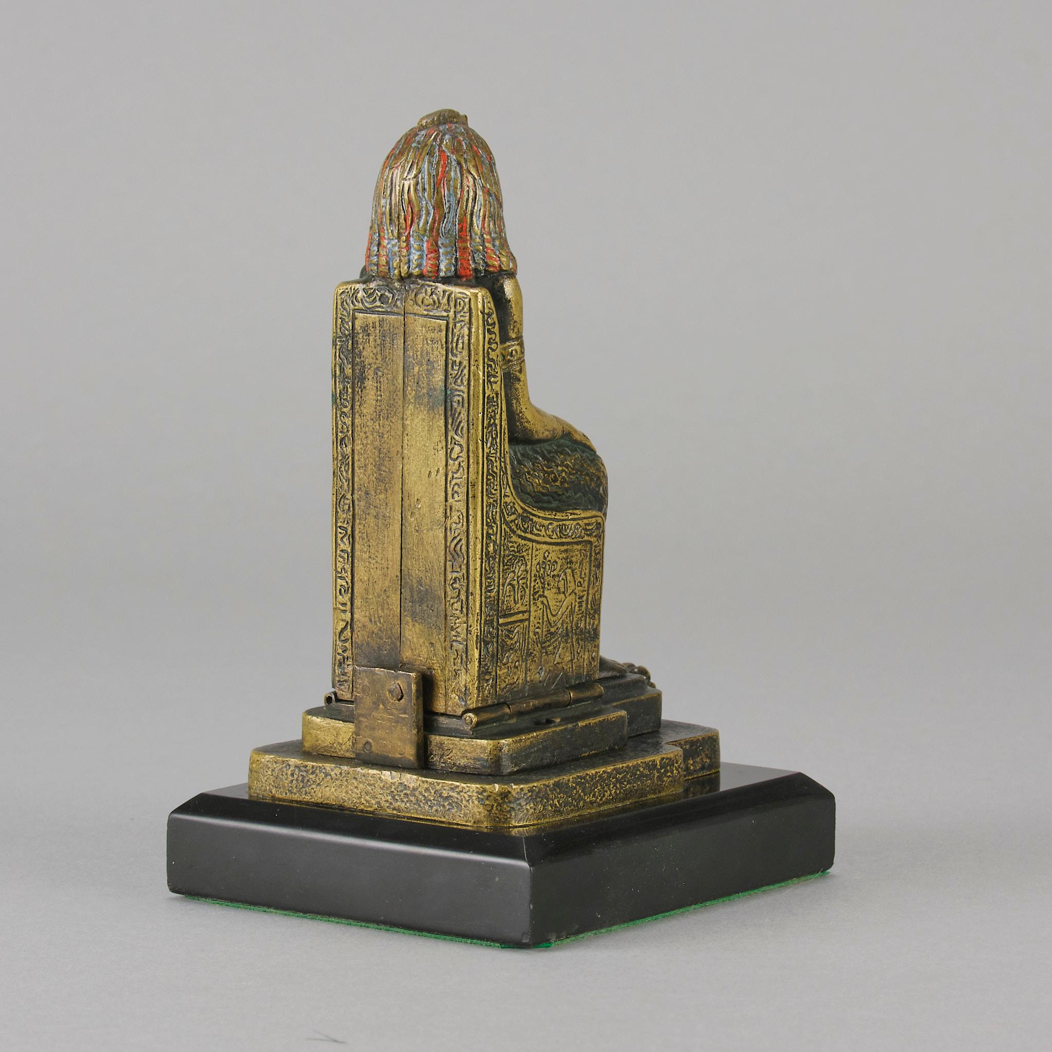 Carved Early 20th Century Cold-Painted Bronze Entitled Egyptian Deity by Franz Bergman For Sale
