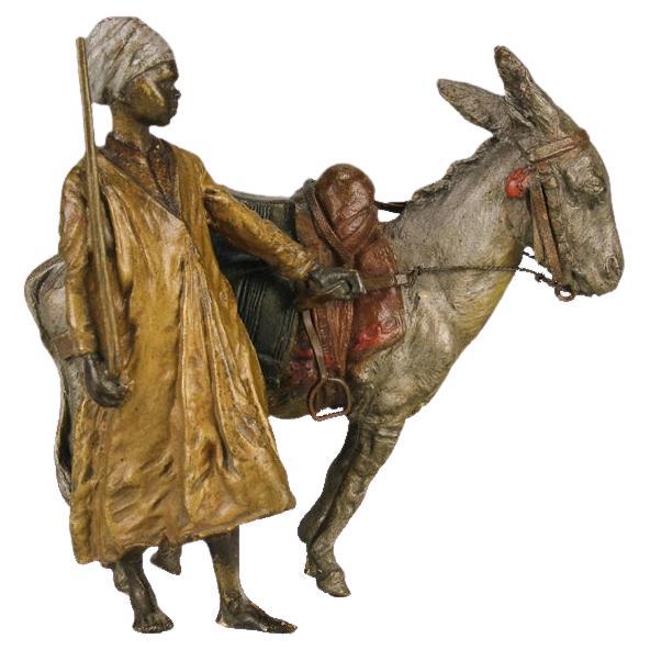 Early 20th Century Cold-Painted Bronze entitled "Man & Donkey" by Franz Bergman For Sale