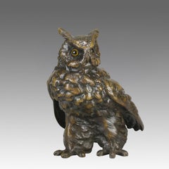 Bronzo dipinto a freddo dei primi anni del XX secolo intitolato "Gufo in piedi" di Franz Bergman