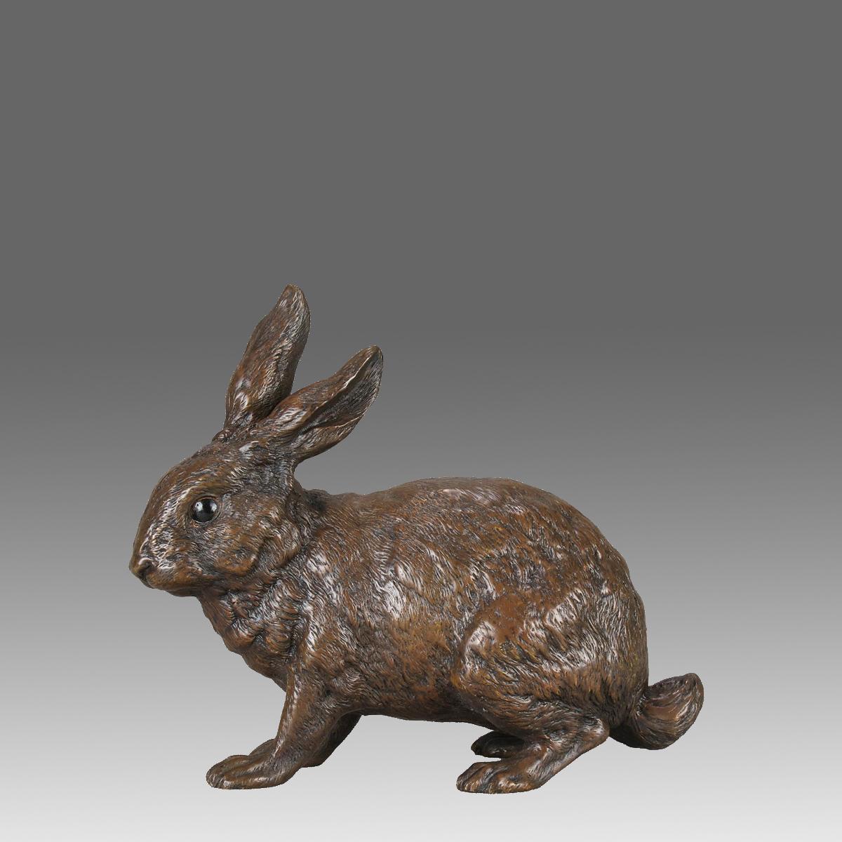 Eine charmante österreichische Bronzestudie eines Kaninchens aus dem frühen 20. Jahrhundert mit sehr feinen natürlichen Farben und guten handziselierten Oberflächendetails. Signiert mit dem Bergman 'B' in einer Amphora-Vase und gestempelt