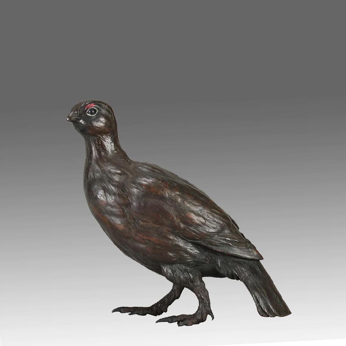 A vibrant early 20th Century cold-painted Austrian bronze figure of a standing red grouse with very fine hand chased surface detail and and good naturalistic colour, signed

ADDITIONAL INFORMATION
Height:                                      15 cm

