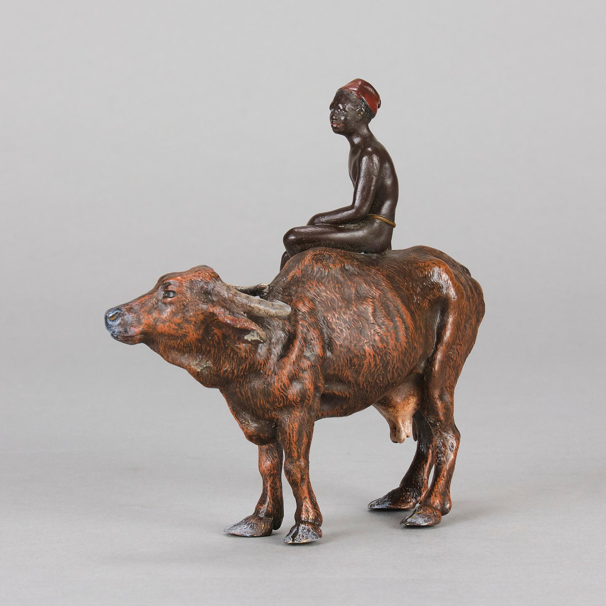 Cold-bemalte Bronzeskulptur „Boy on Ox“ aus dem frühen 20. Jahrhundert von Franz Bergman im Zustand „Hervorragend“ im Angebot in London, GB