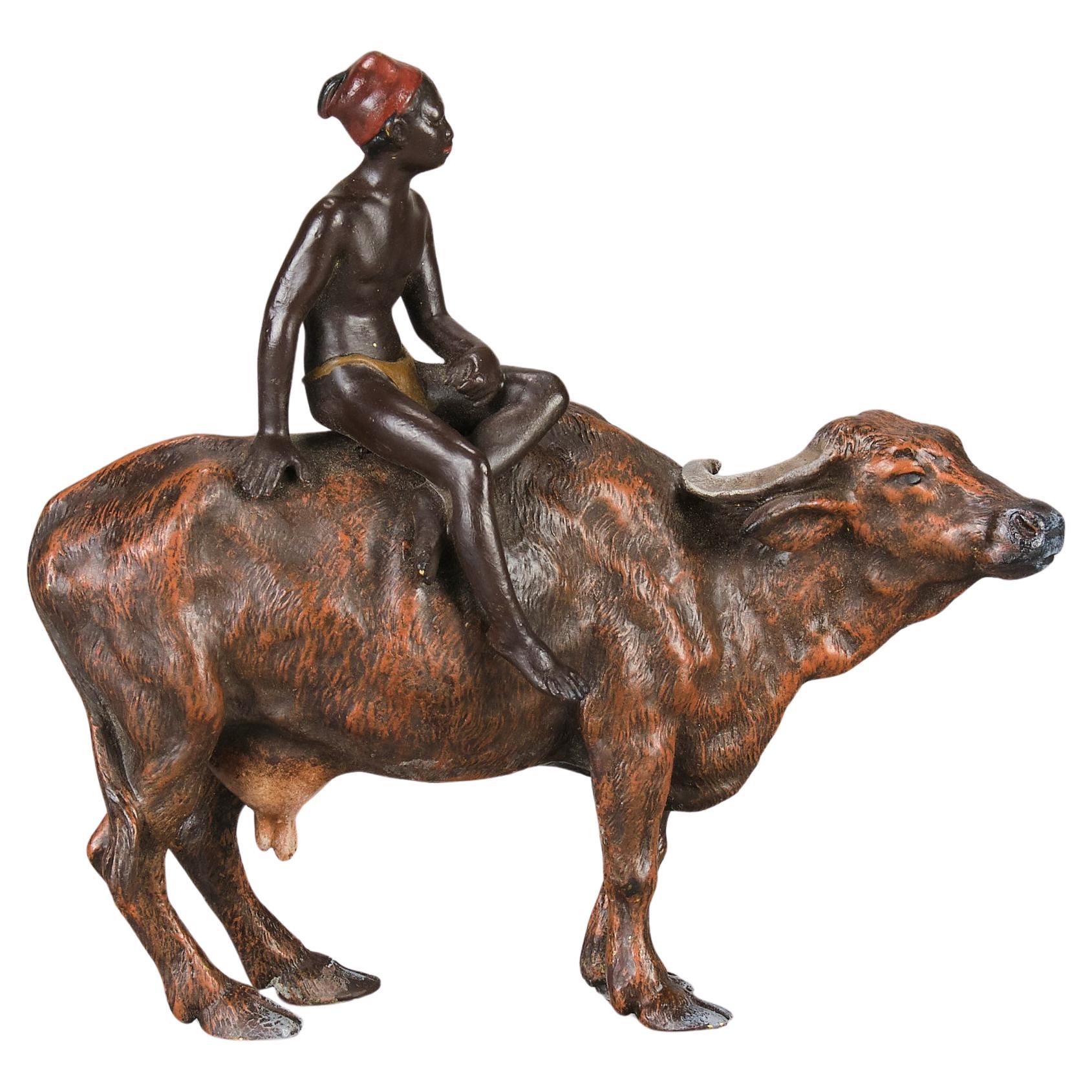 Cold-bemalte Bronzeskulptur „Boy on Ox“ aus dem frühen 20. Jahrhundert von Franz Bergman im Angebot
