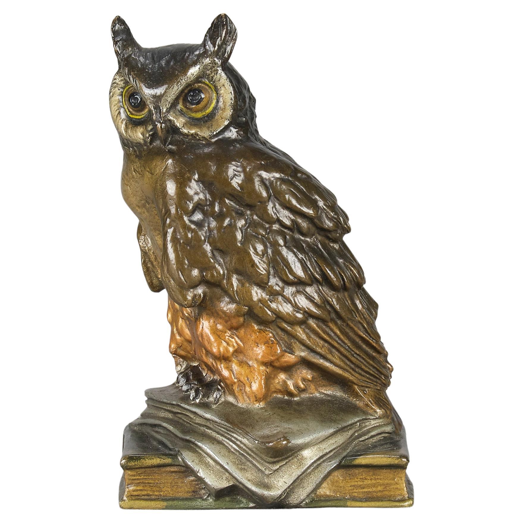 Sculpture en bronze du début du 20e siècle peinte à froid "Wise Owl" par Franz Bergman