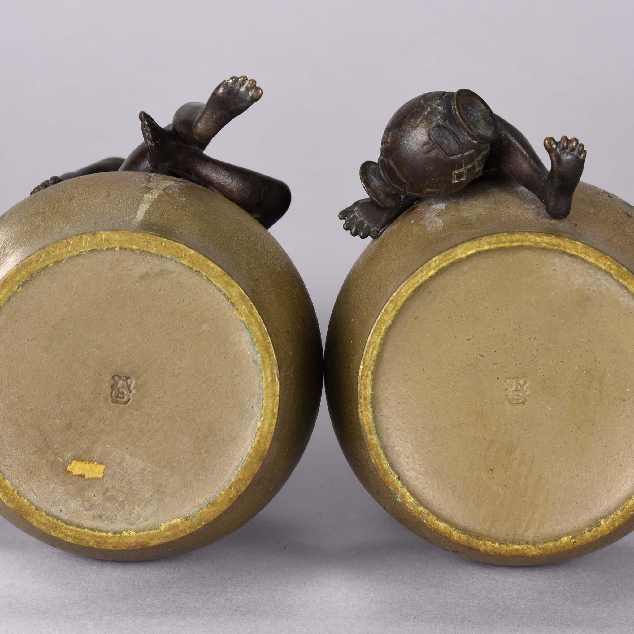 Early 20th Century Cold-Painted Bronze Vases Entitled 