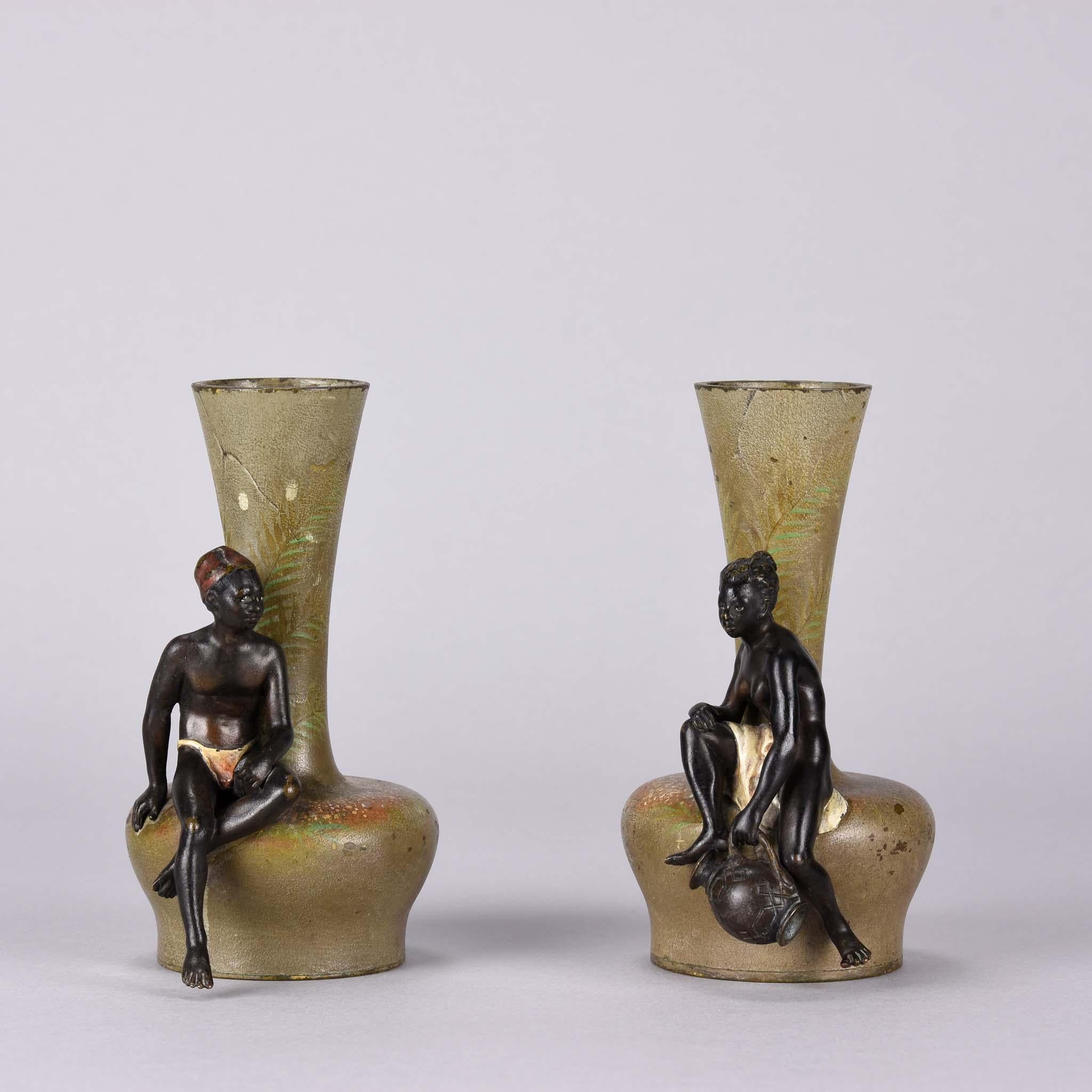 An attractive pair of cold painted Austrian bronze vases decorated with a seated Arab boy and girl signed with the Bergman ‘B’ in an amphora vase.

Additional Information

Height: 13 cm

Condition: Excellent Original Condition

Circa: