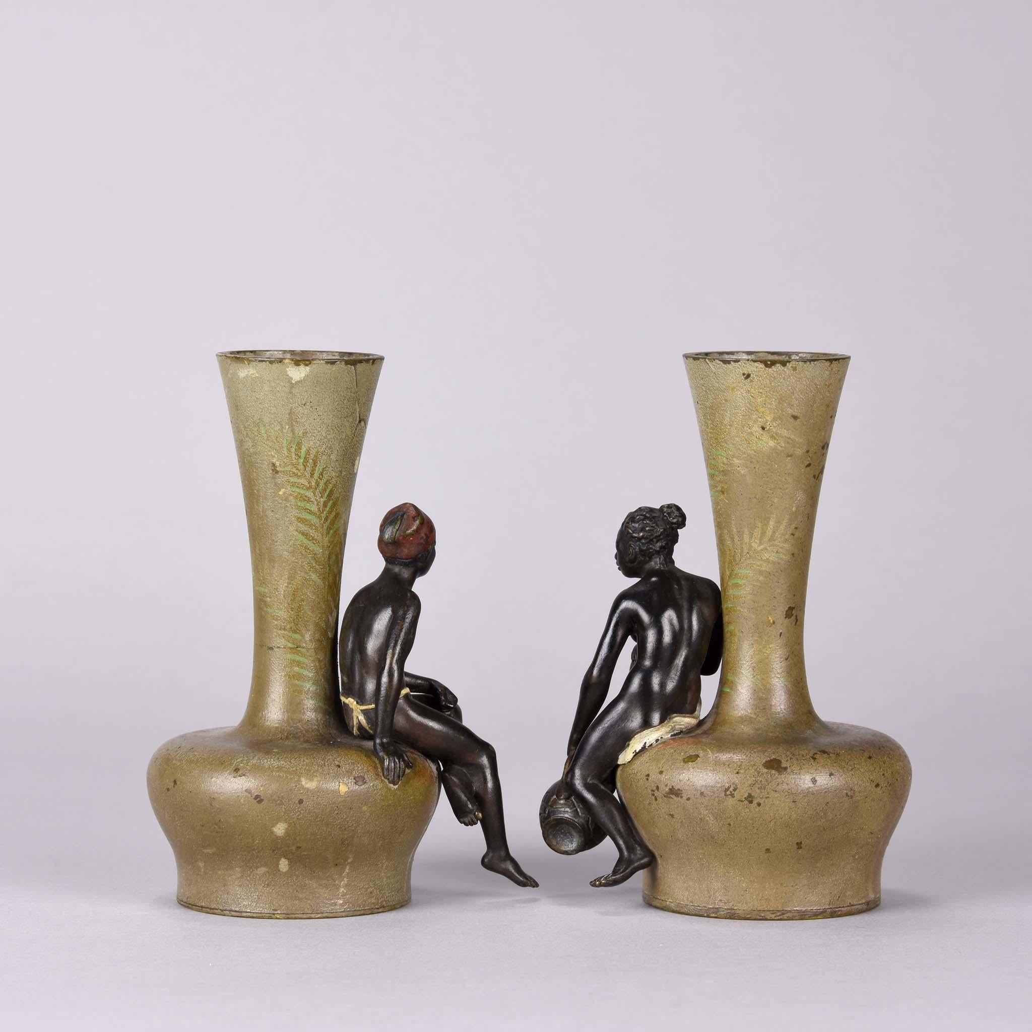 Austrian Early 20th Century Cold-Painted Bronze Vases Entitled 