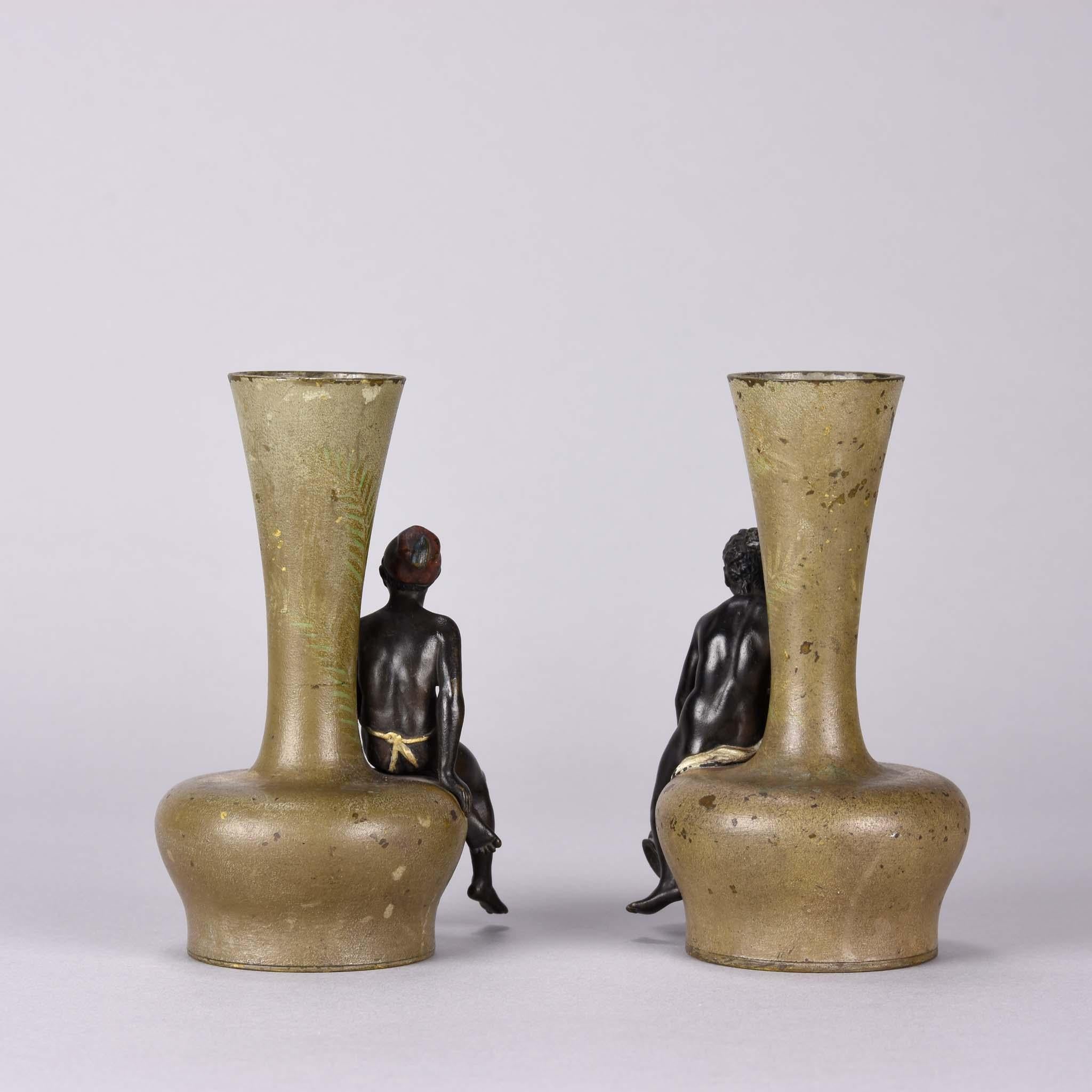 Cast Early 20th Century Cold-Painted Bronze Vases Entitled 