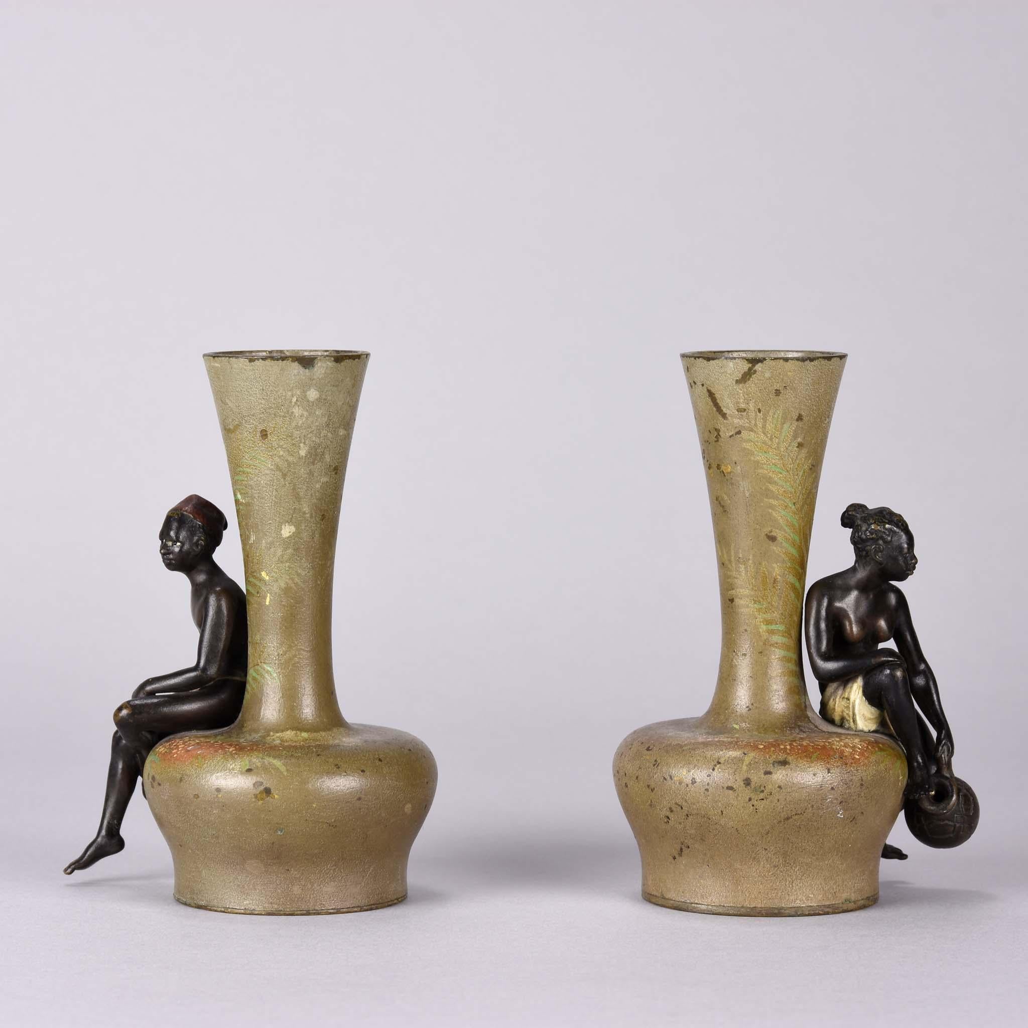 Early 20th Century Cold-Painted Bronze Vases Entitled 