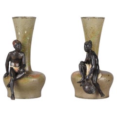 Antique Early 20th Century Cold-Painted Bronze Vases Entitled "Arab Vases" by Bergman