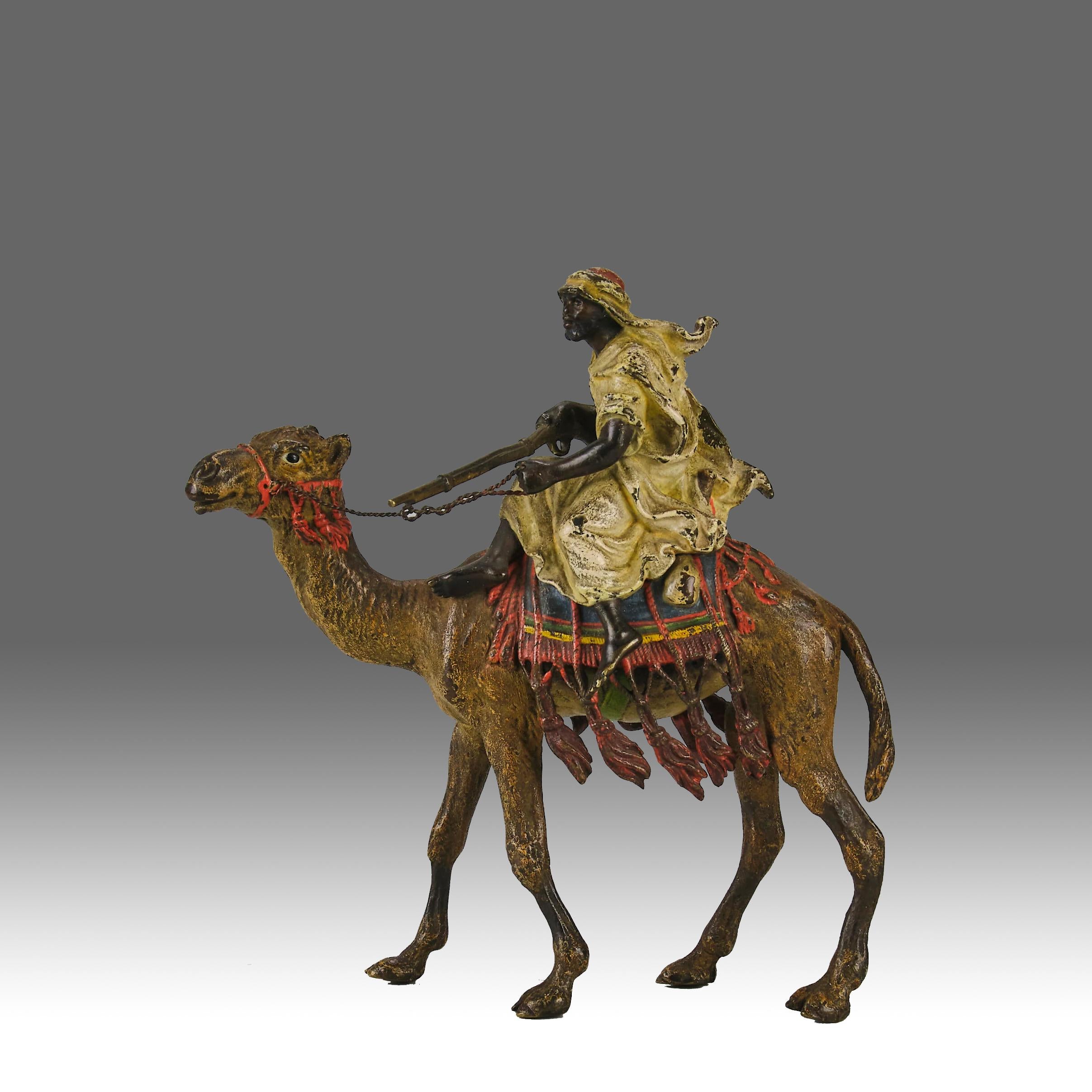 Very fine cold painted Vienna Bronze study of an Arab Warrior with rifle mounted on his camel. The surface of the sculpture with good hand chased detail and fine naturalistic colour, signed with the Bergman ‘B’ in a vase


ADDITIONAL