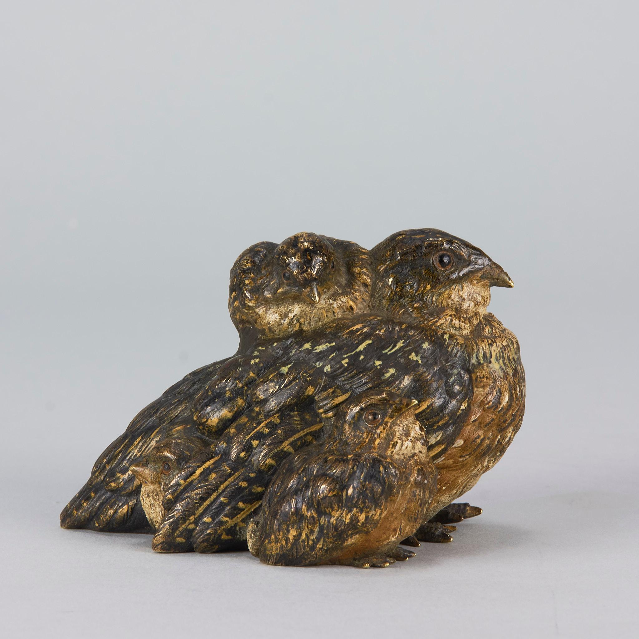 Excellent early 20th century Vienna bronze study of a bird family, the mother nestling her chicks within her feathers. The surface of the bronze with good cold painted colours lightly worn and with very fine hand finished detail. Signed with the