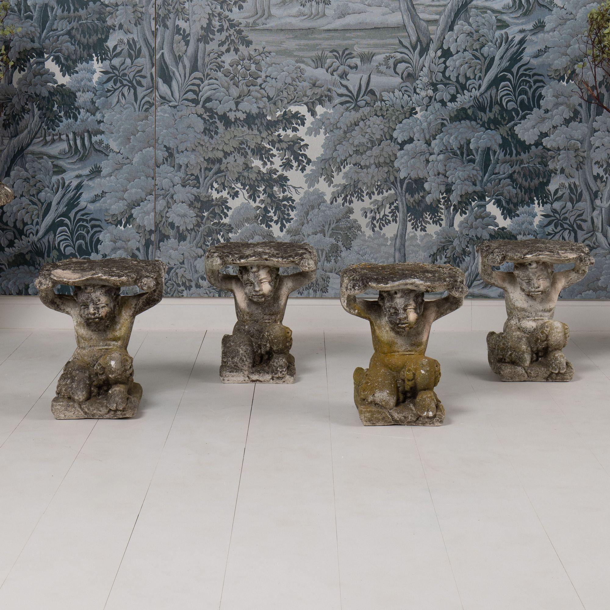 Colección de cuatro taburetes italianos de hormigón para jardín Fauno del Bosque, c. 1920 Italiano en venta