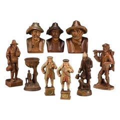 Early 20th Century Collection of Swiss Black Forest Carved Wood Figures & Busts