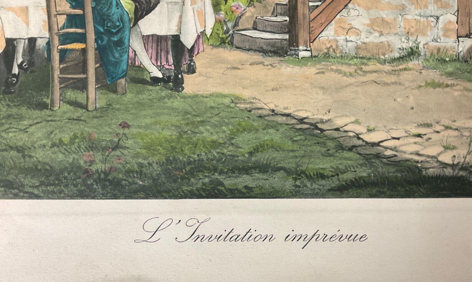 XX secolo Incisione a colori dei primi del Novecento di E. Blanche - L'Invitation Imprévue - 2Y558 in vendita