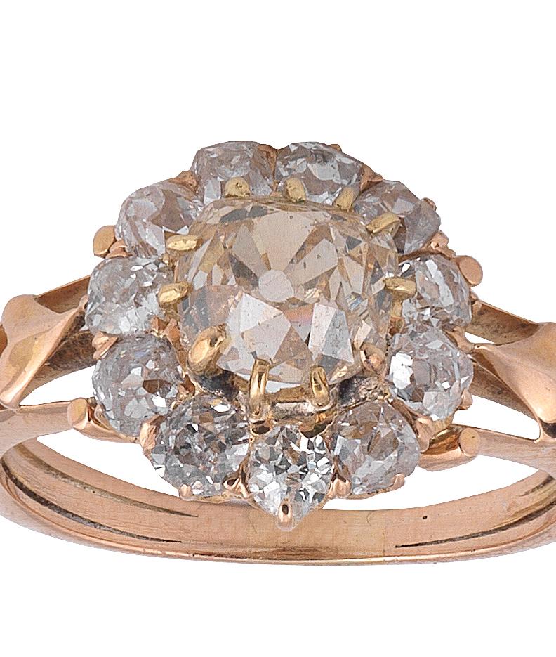 Edwardian Early 20th Century Colored Diamond and Diamond Cluster Ring