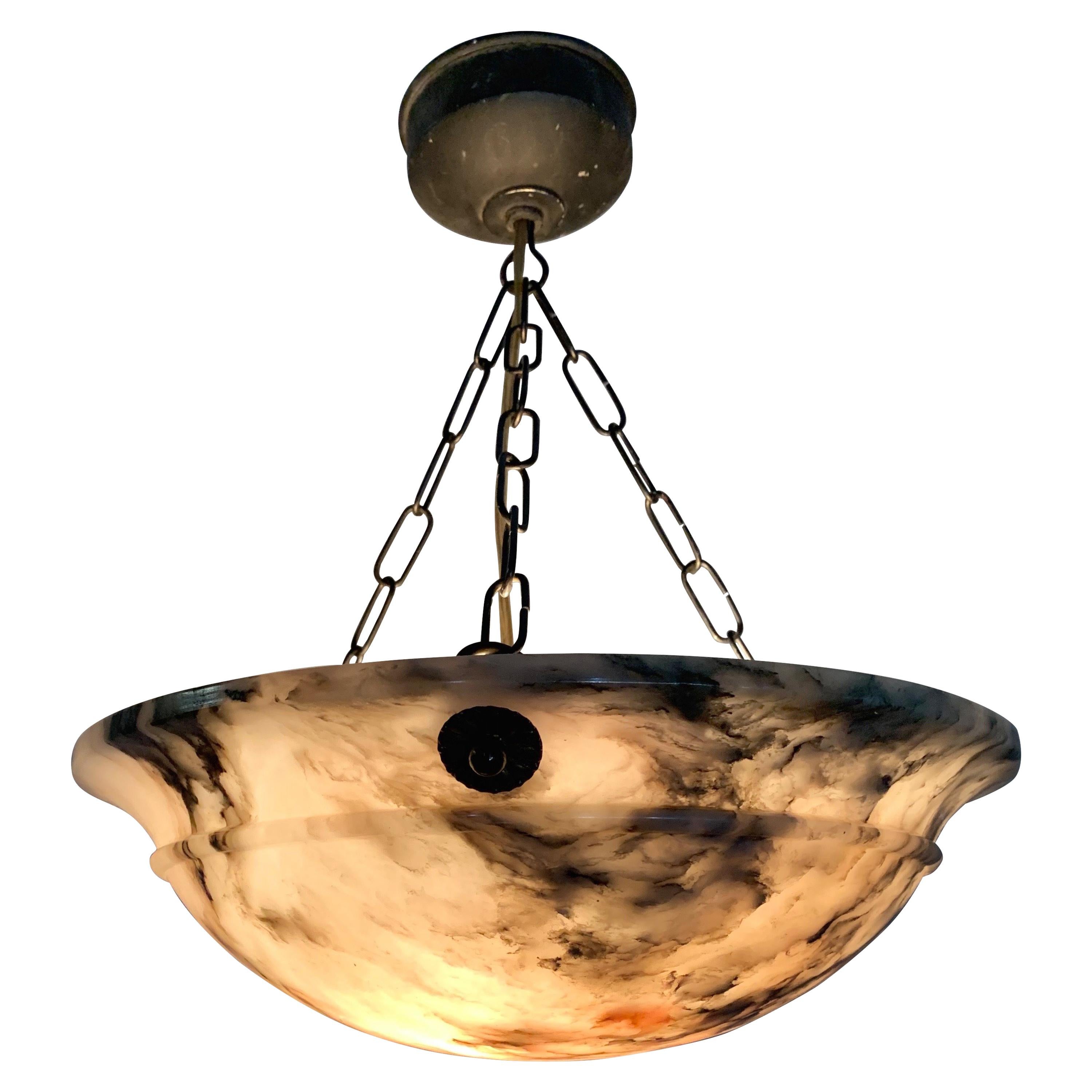Early 20th Century & Colorful Art Deco Alabaster Pendant Light / Ceiling Fixture In Excellent Condition In Lisse, NL