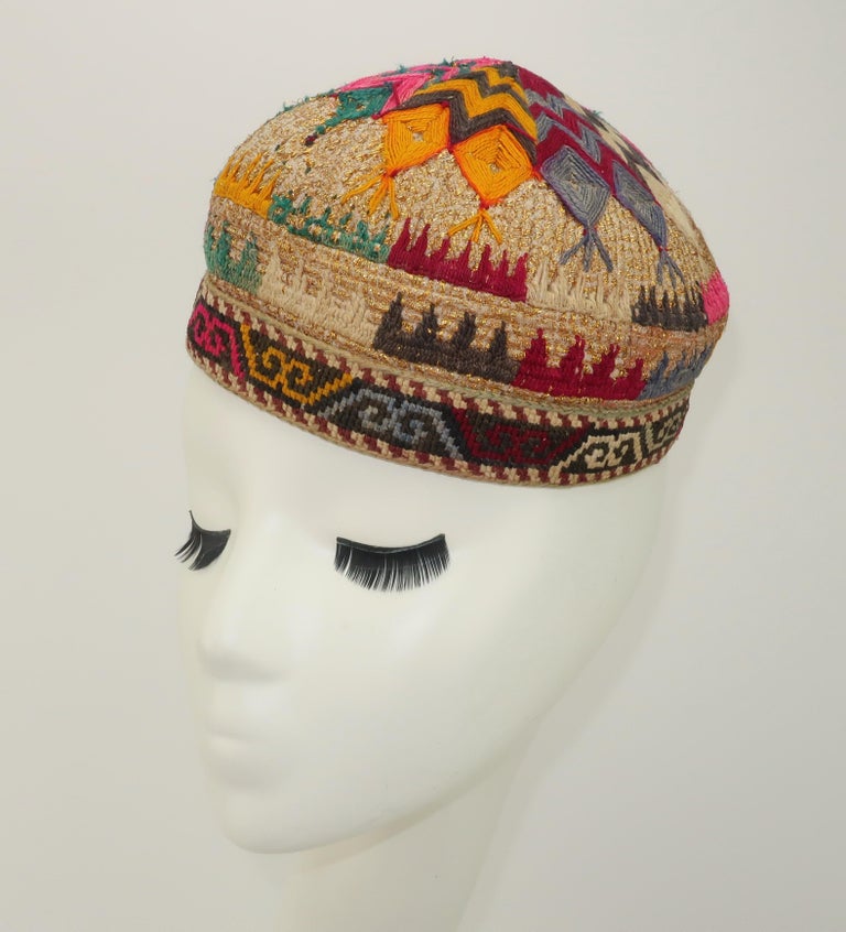 Early 20th Century Colorful Central Asian Embroidered Hat In Good Condition For Sale In Atlanta, GA