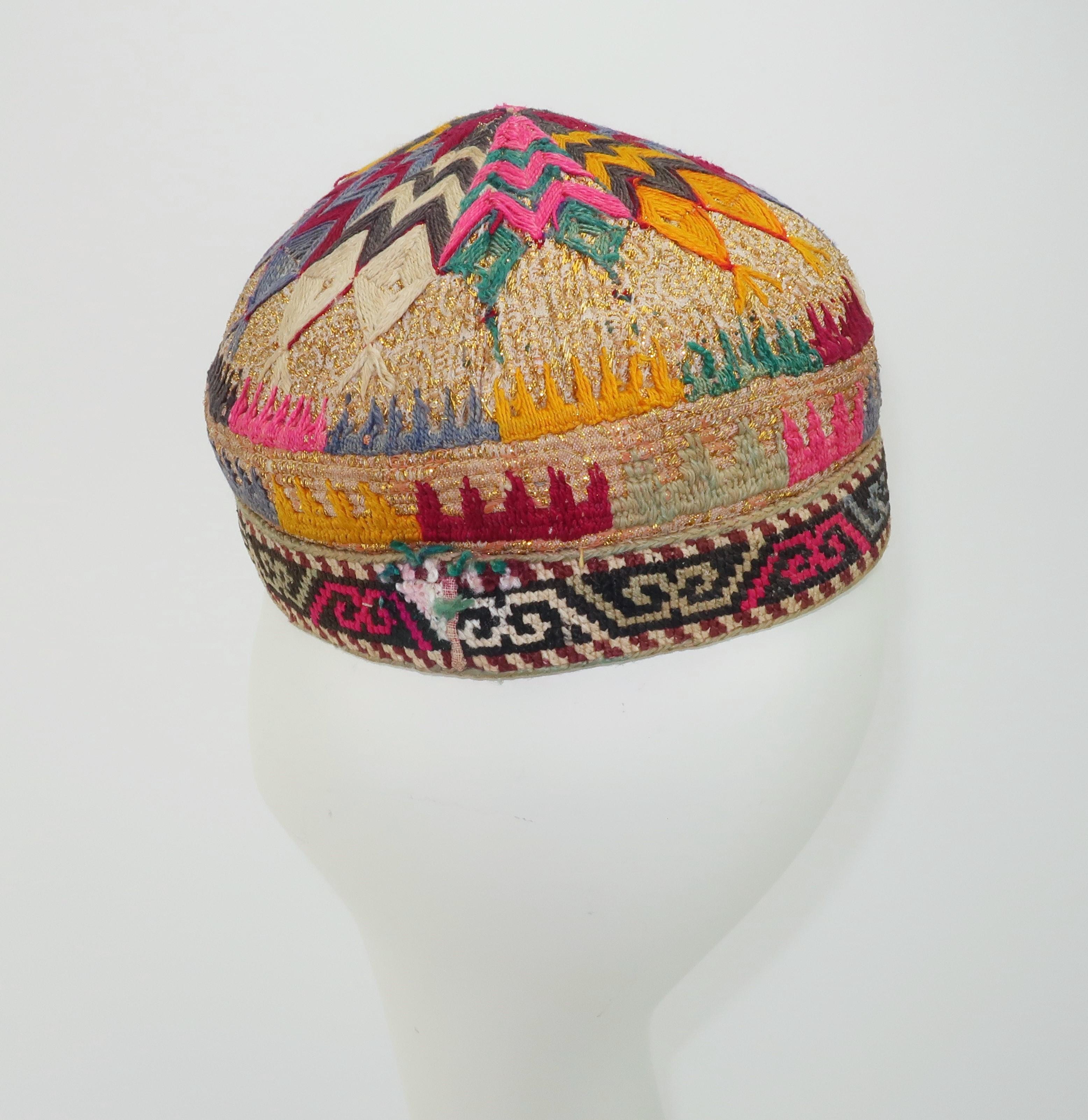 Beige Early 20th Century Colorful Central Asian Embroidered Hat For Sale