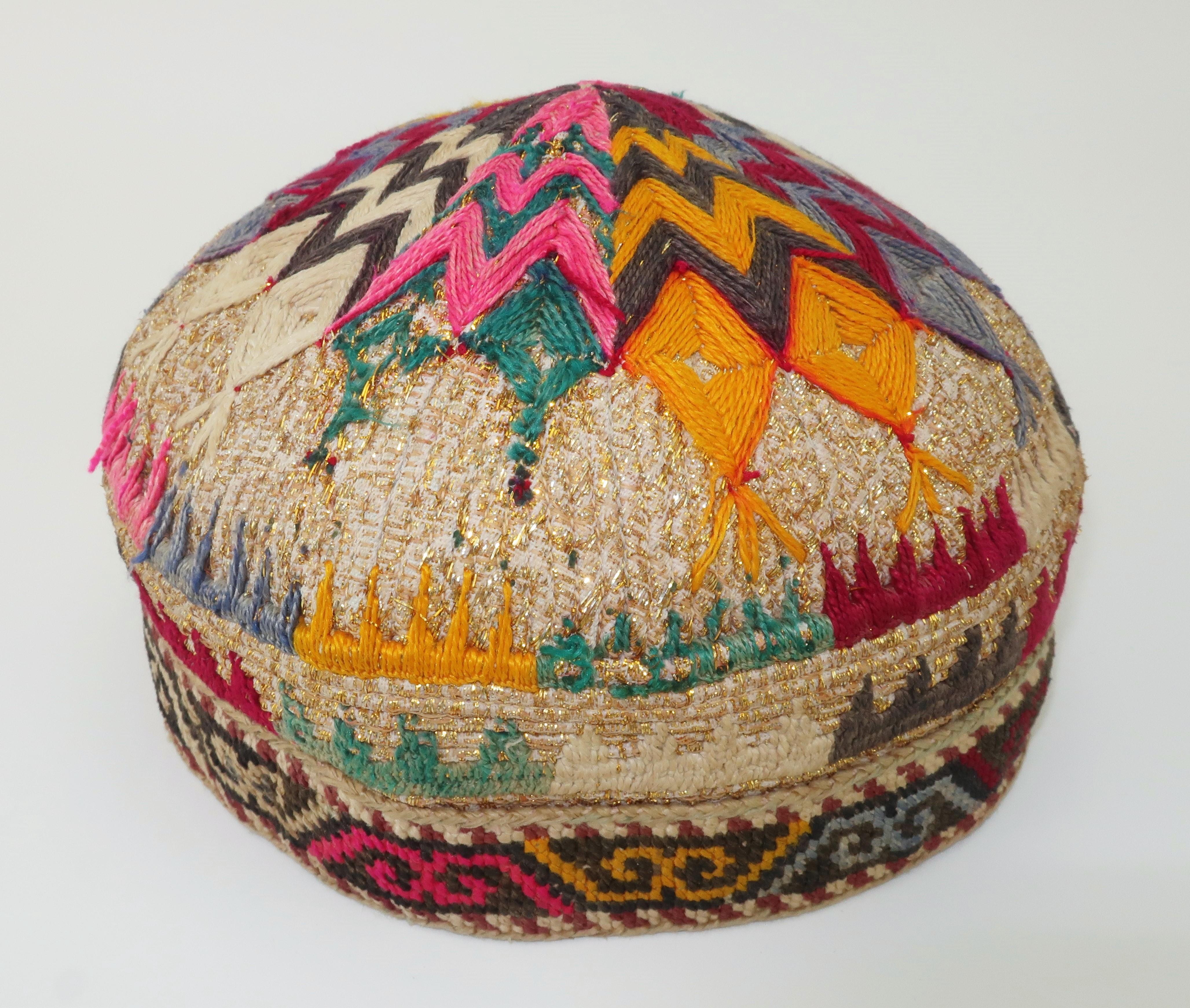Early 20th Century Colorful Central Asian Embroidered Hat In Good Condition For Sale In Atlanta, GA