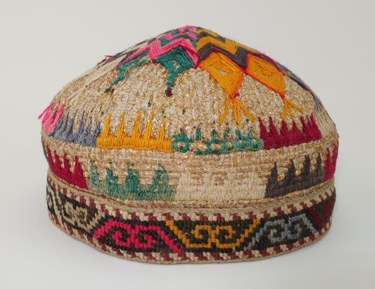 Early 20th Century Colorful Central Asian Embroidered Hat For Sale 3