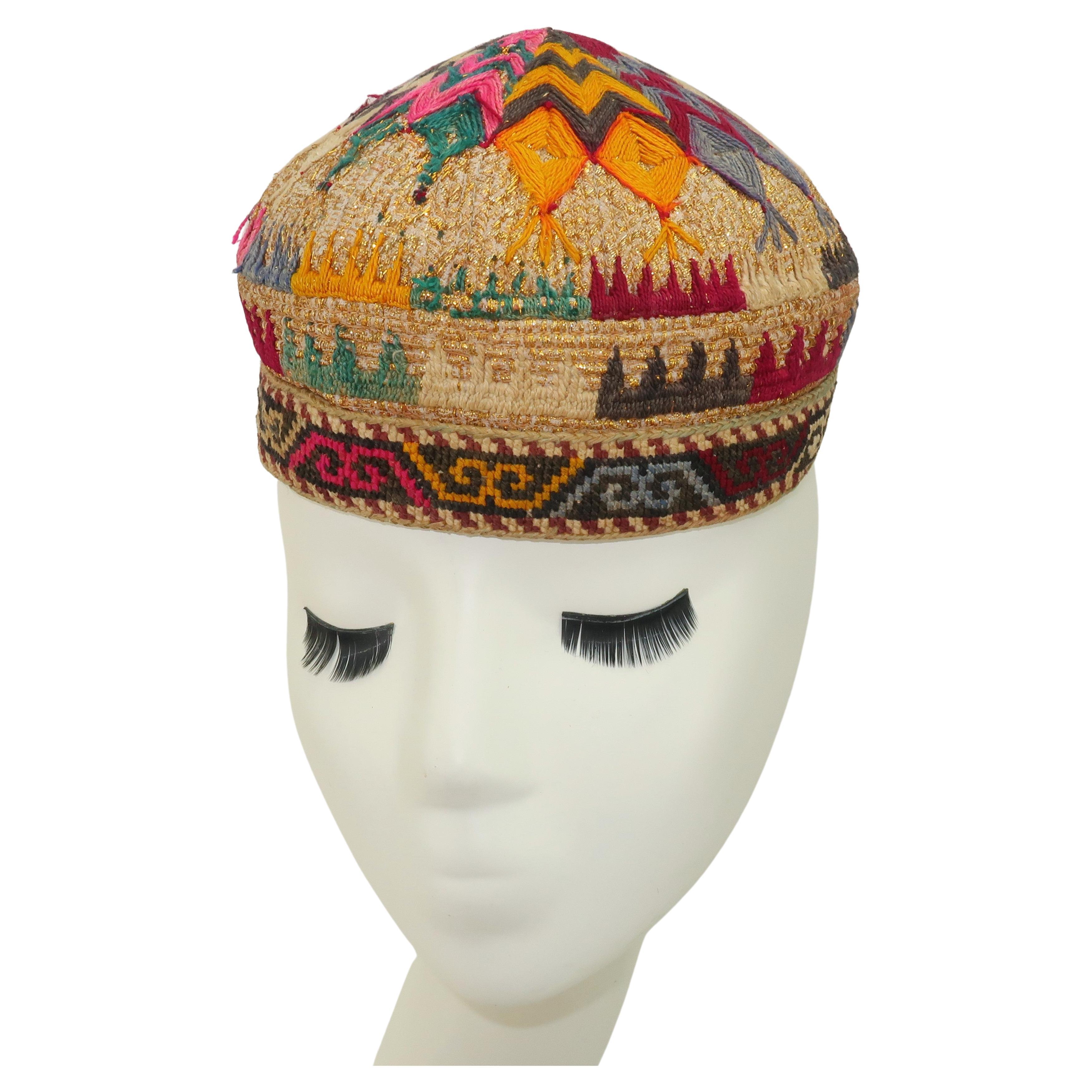 Early 20th Century Colorful Central Asian Embroidered Hat For Sale