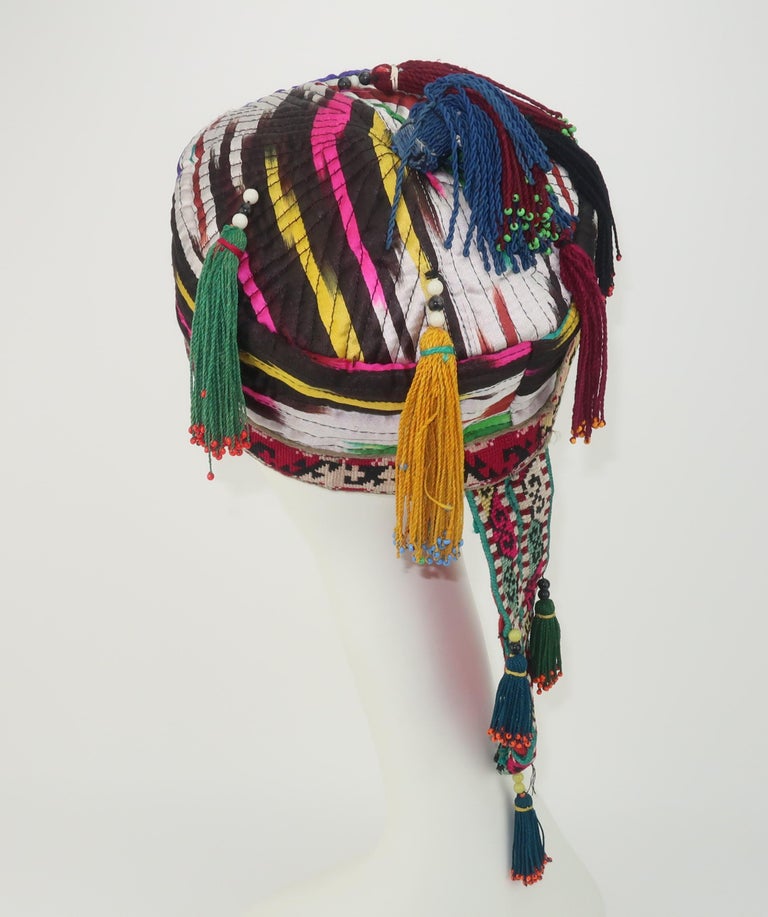Early 20th Century Colorful Central Asian Quilted Beaded Hat In Good Condition For Sale In Atlanta, GA