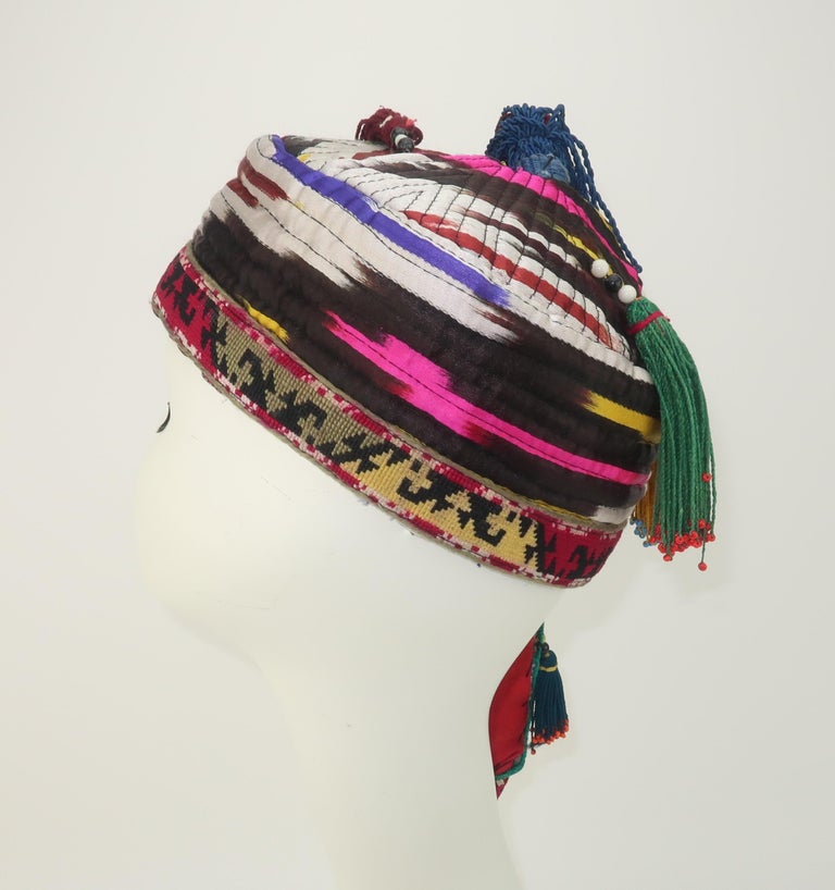 Women's or Men's Early 20th Century Colorful Central Asian Quilted Beaded Hat For Sale