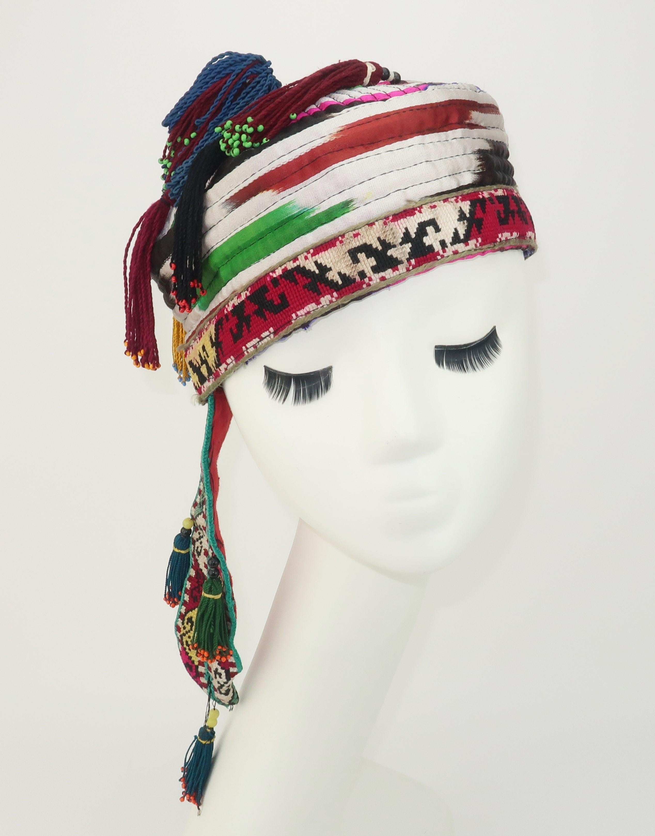 Gray Early 20th Century Colorful Central Asian Quilted Beaded Hat