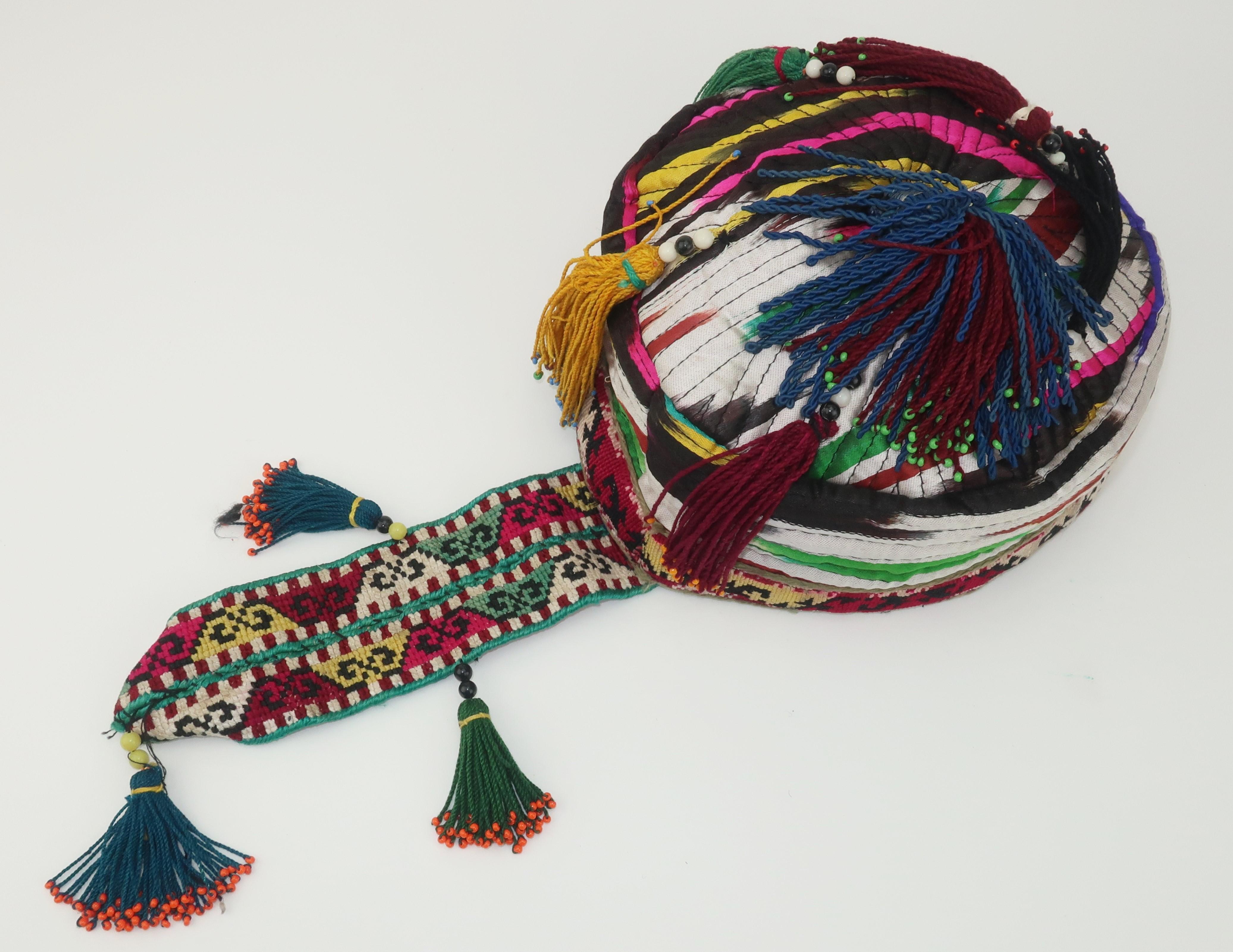 Early 20th Century Colorful Central Asian Quilted Beaded Hat In Good Condition In Atlanta, GA
